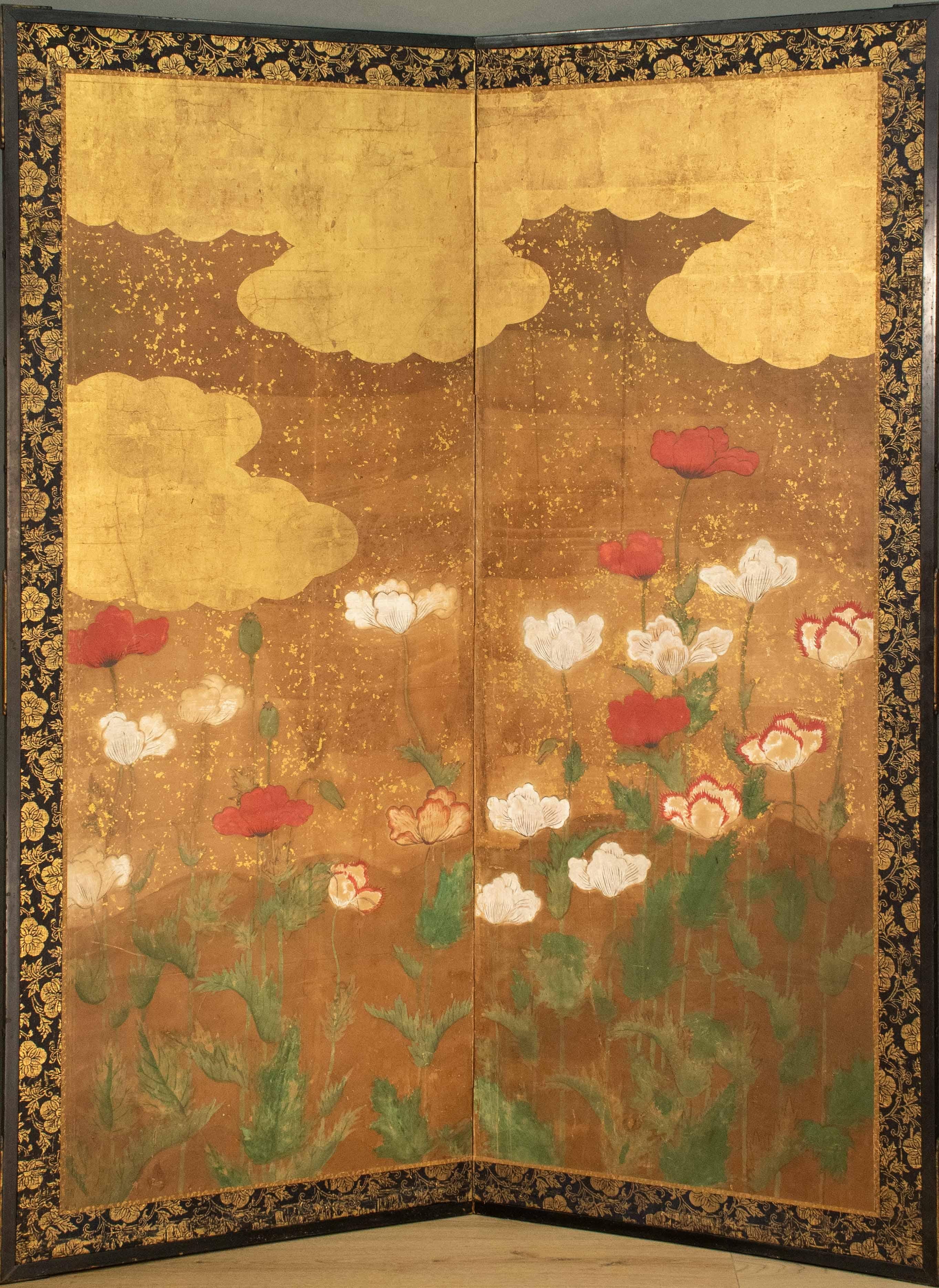 A Japanese Two-panel Gold-leaf Screen With Poppies, Rinpa School in vendita 2