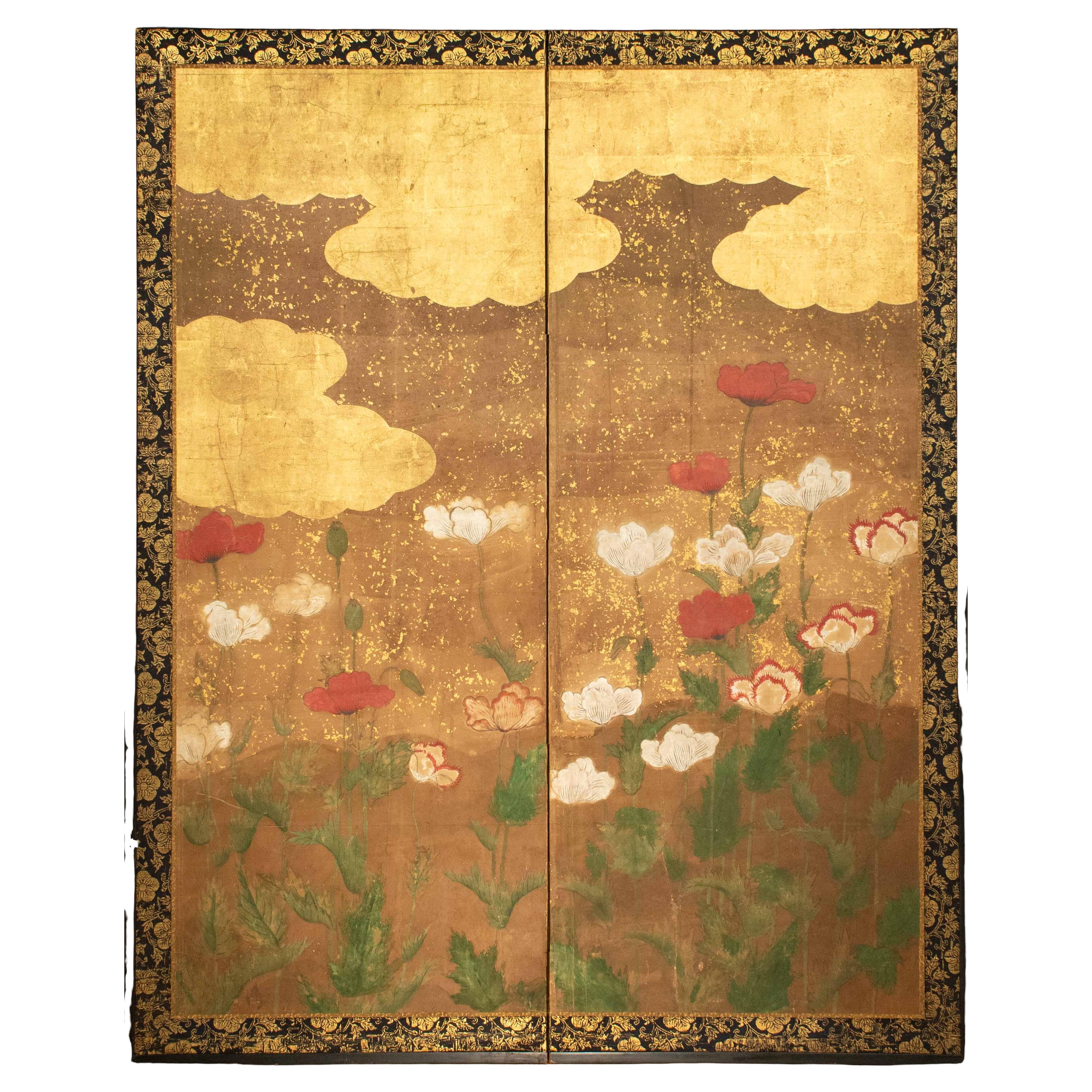 A Japanese Two-panel Gold-leaf Screen With Poppies, Rinpa School in vendita