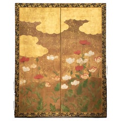 A Japanese Two-panel Gold-leaf Screen With Poppies, Rinpa School