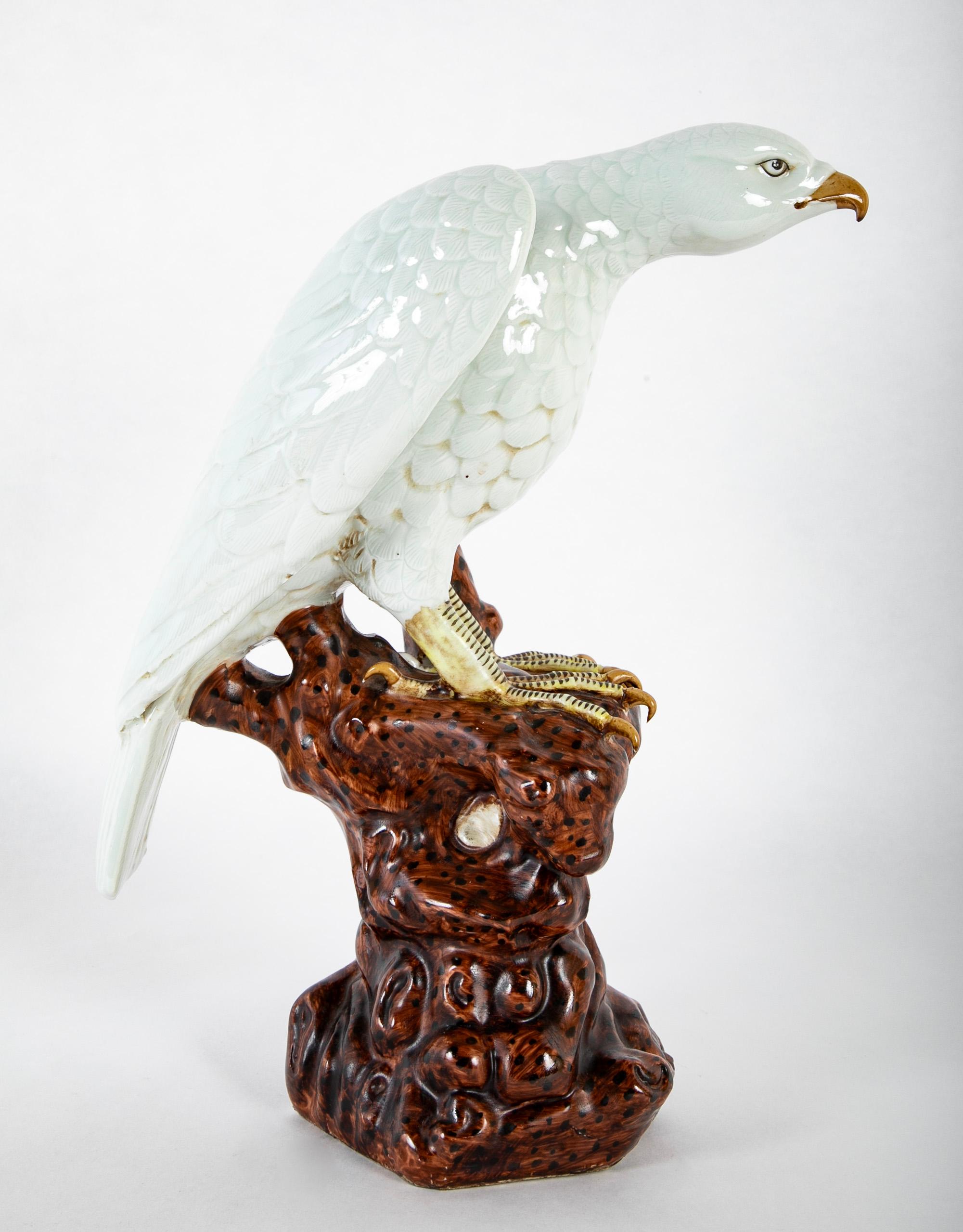19th Century A Japanese White Glazed Porcelain Hawk Perched on a Tree Stump For Sale
