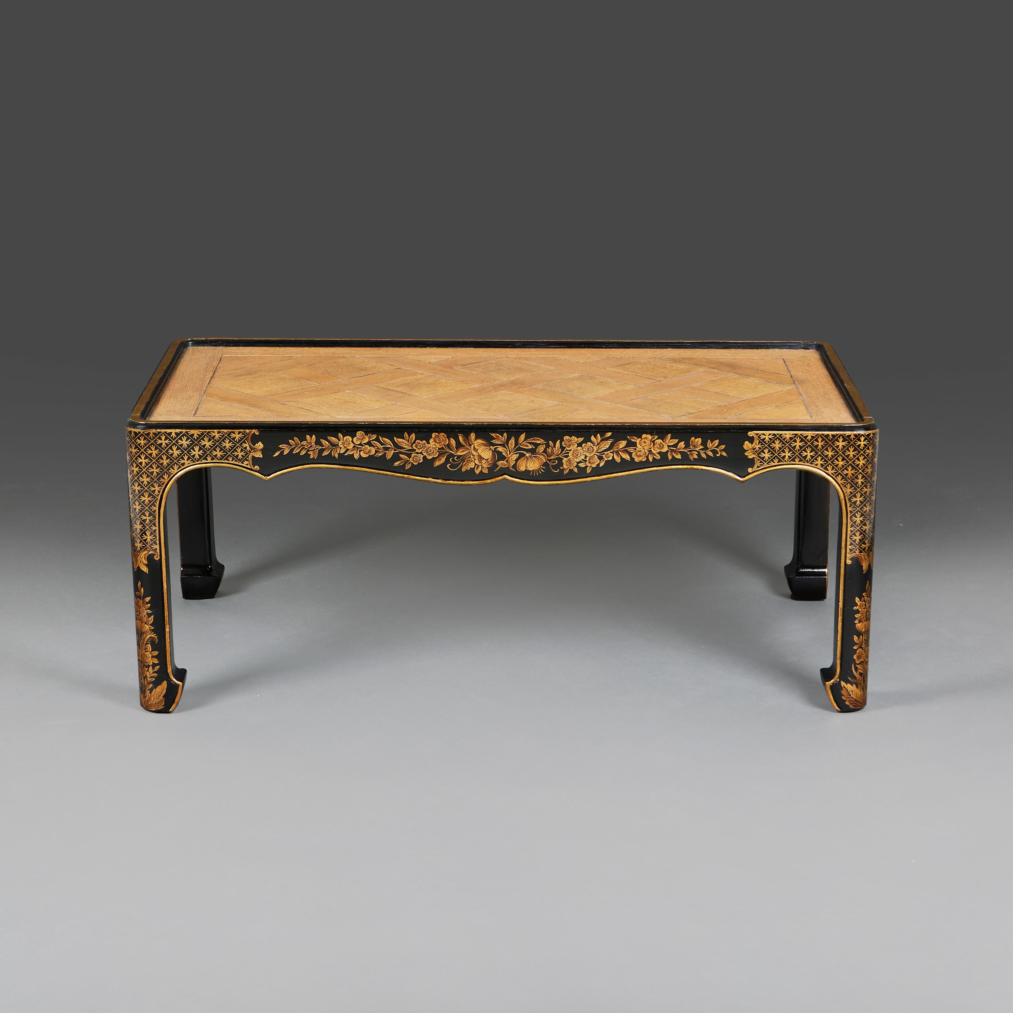 A Japanned Black Lacquer Coffee Table with Parquetry Top In Good Condition For Sale In London, GB
