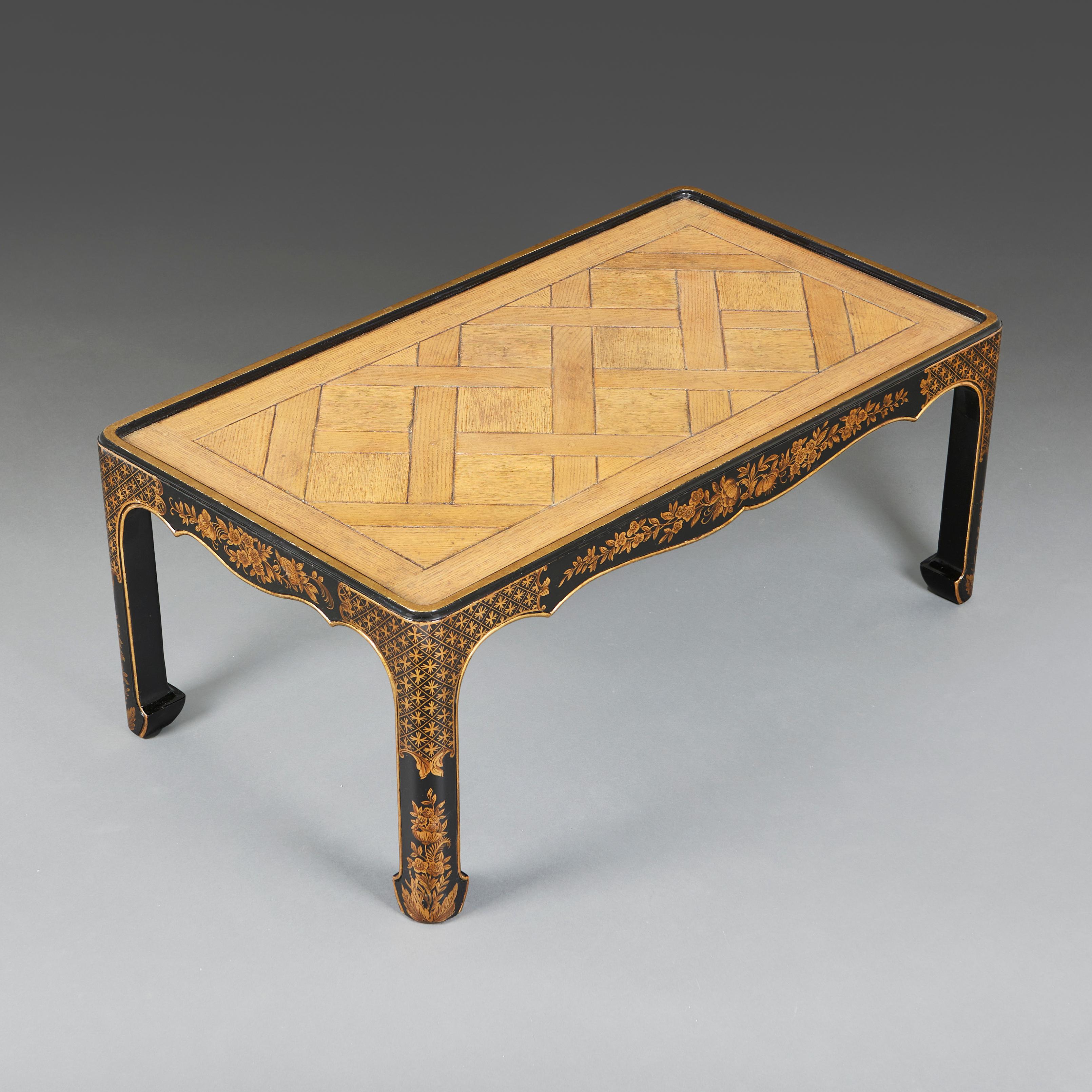 20th Century A Japanned Black Lacquer Coffee Table with Parquetry Top For Sale