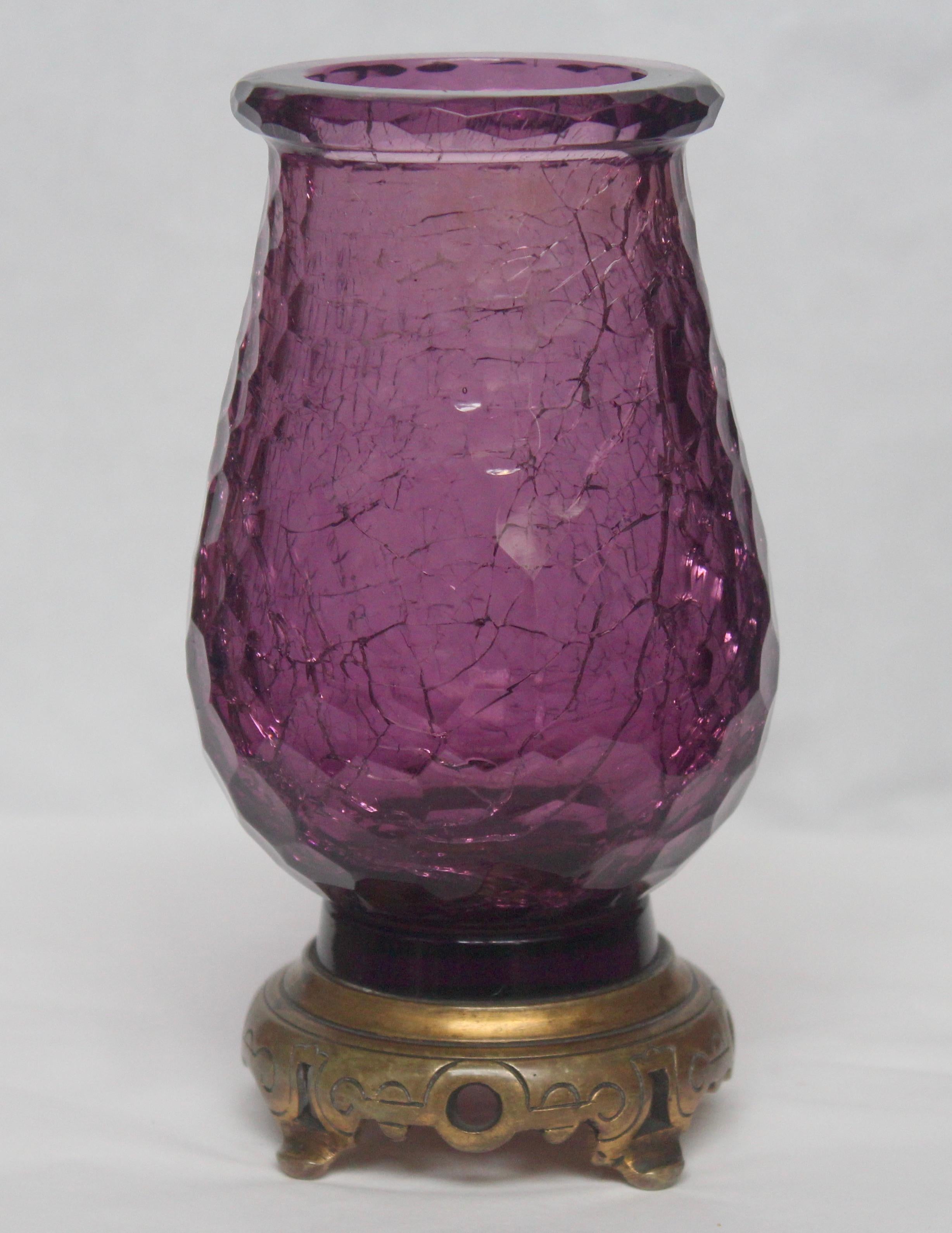 French Japonisme Crackled Baccarat Crystal Vase, Ormolu Mount by Edmond Enot