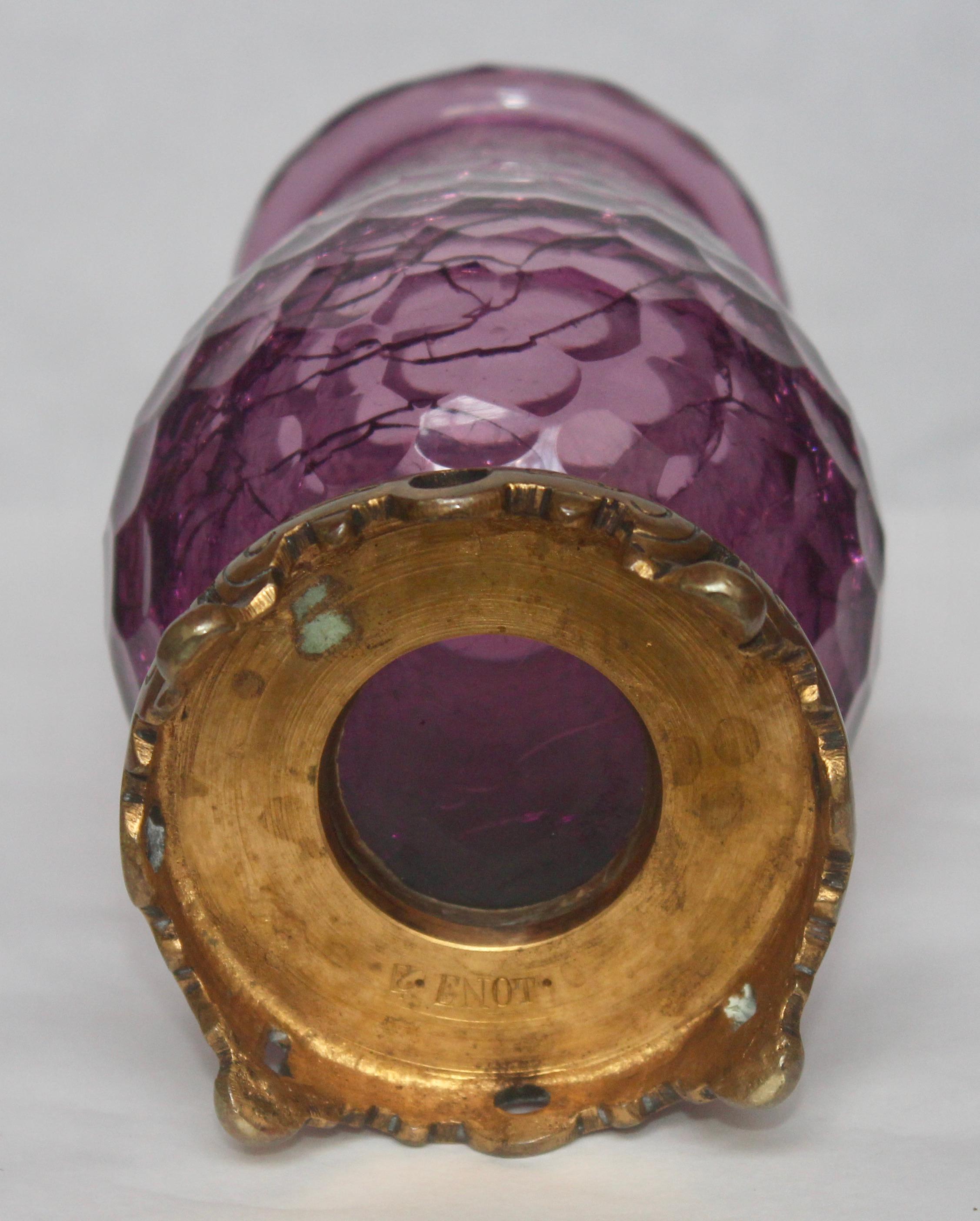 Late 19th Century Japonisme Crackled Baccarat Crystal Vase, Ormolu Mount by Edmond Enot