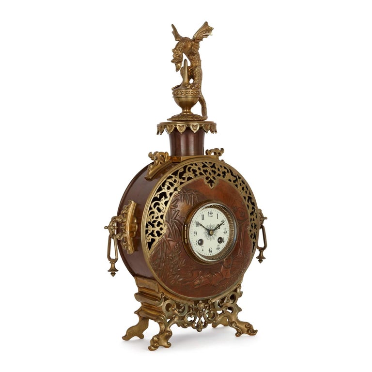 French Japonisme Gilt-Bronze and Brass Three-Piece Clock Set For Sale