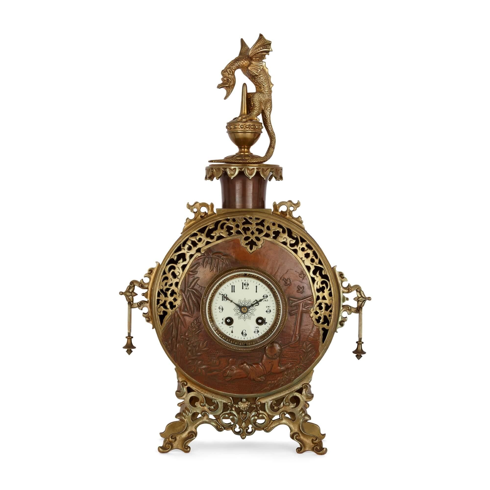 French A Japonisme Gilt-Bronze and Brass Three-Piece Clock Set For Sale