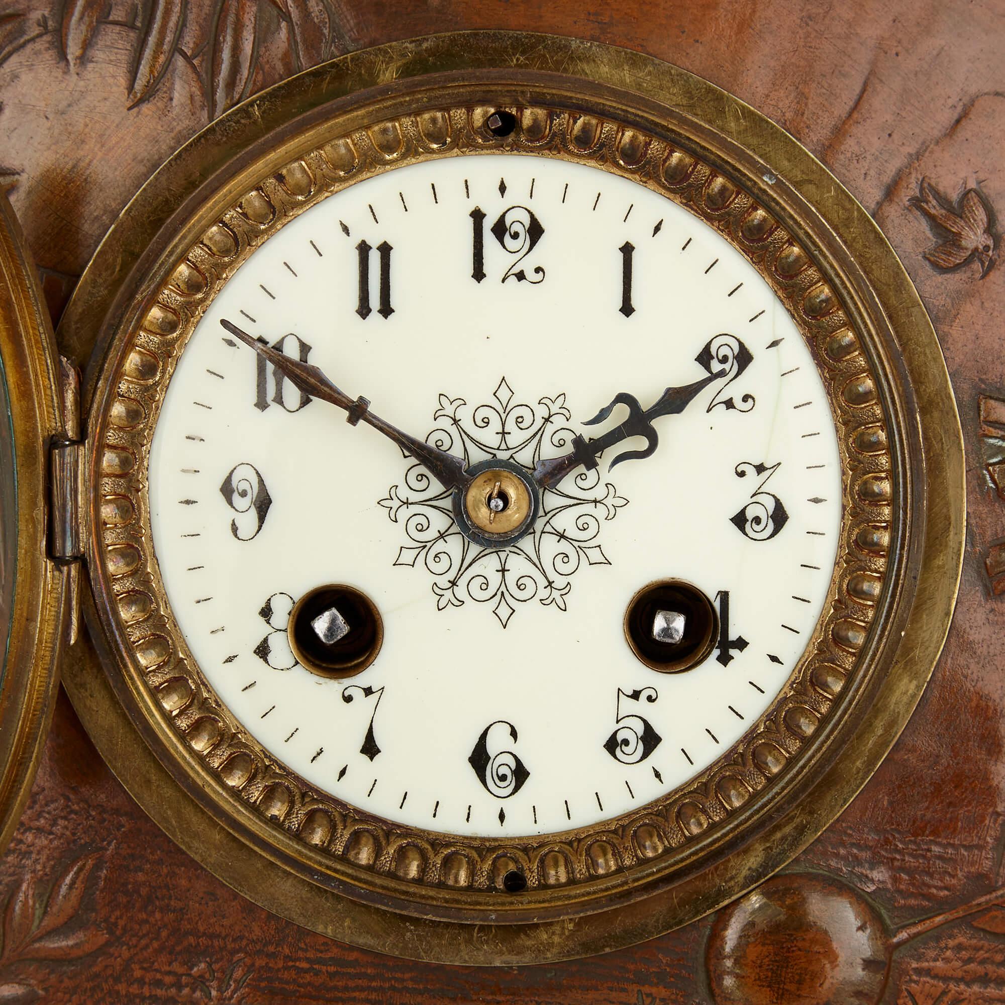 Patinated Japonisme Gilt-Bronze and Brass Three-Piece Clock Set For Sale