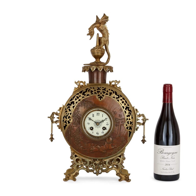 Japonisme Gilt-Bronze and Brass Three-Piece Clock Set For Sale 2