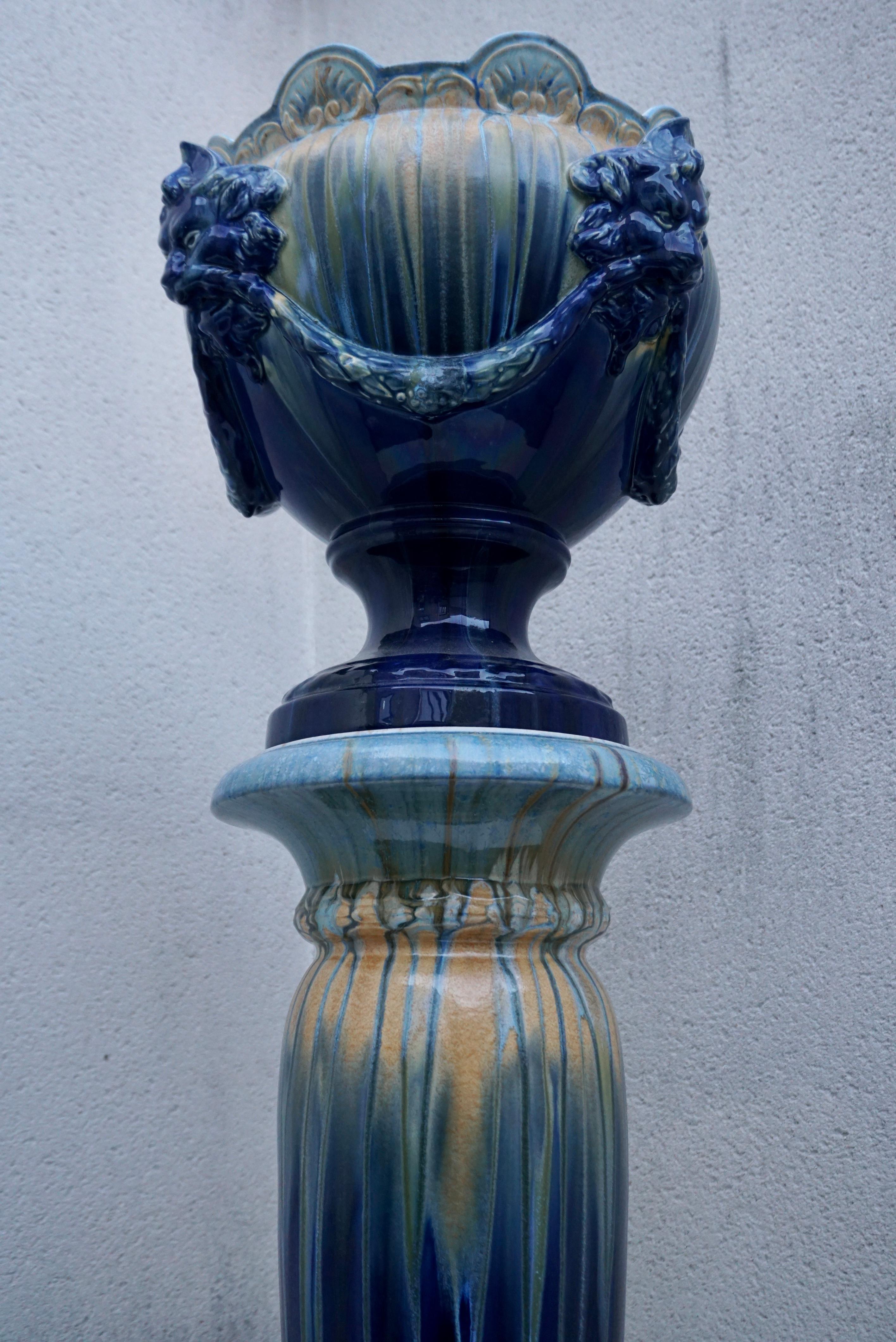Belgian A Jardiniere on Column with Lion Head Decor in Flemish Earthenware Style For Sale