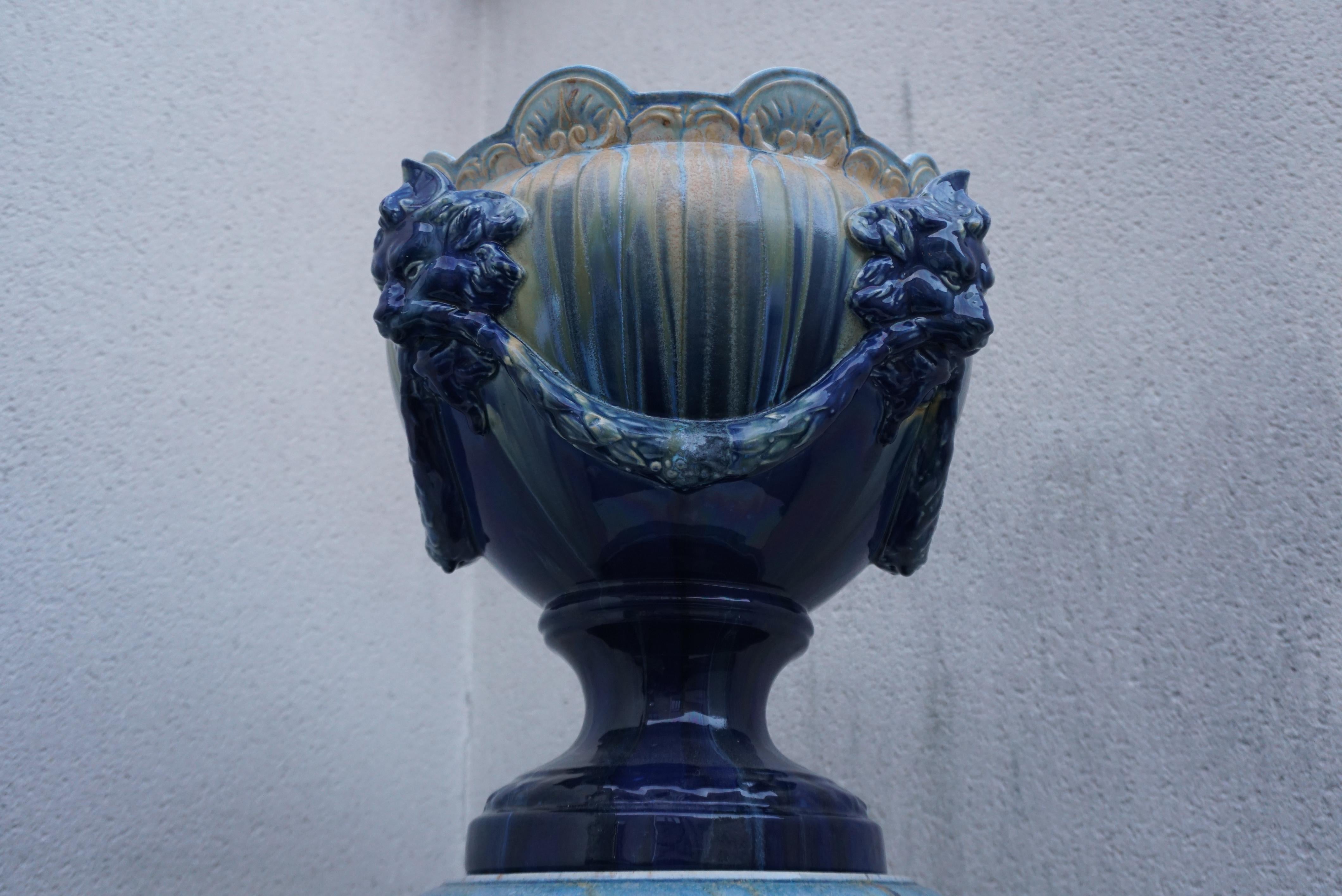Glazed A Jardiniere on Column with Lion Head Decor in Flemish Earthenware Style For Sale