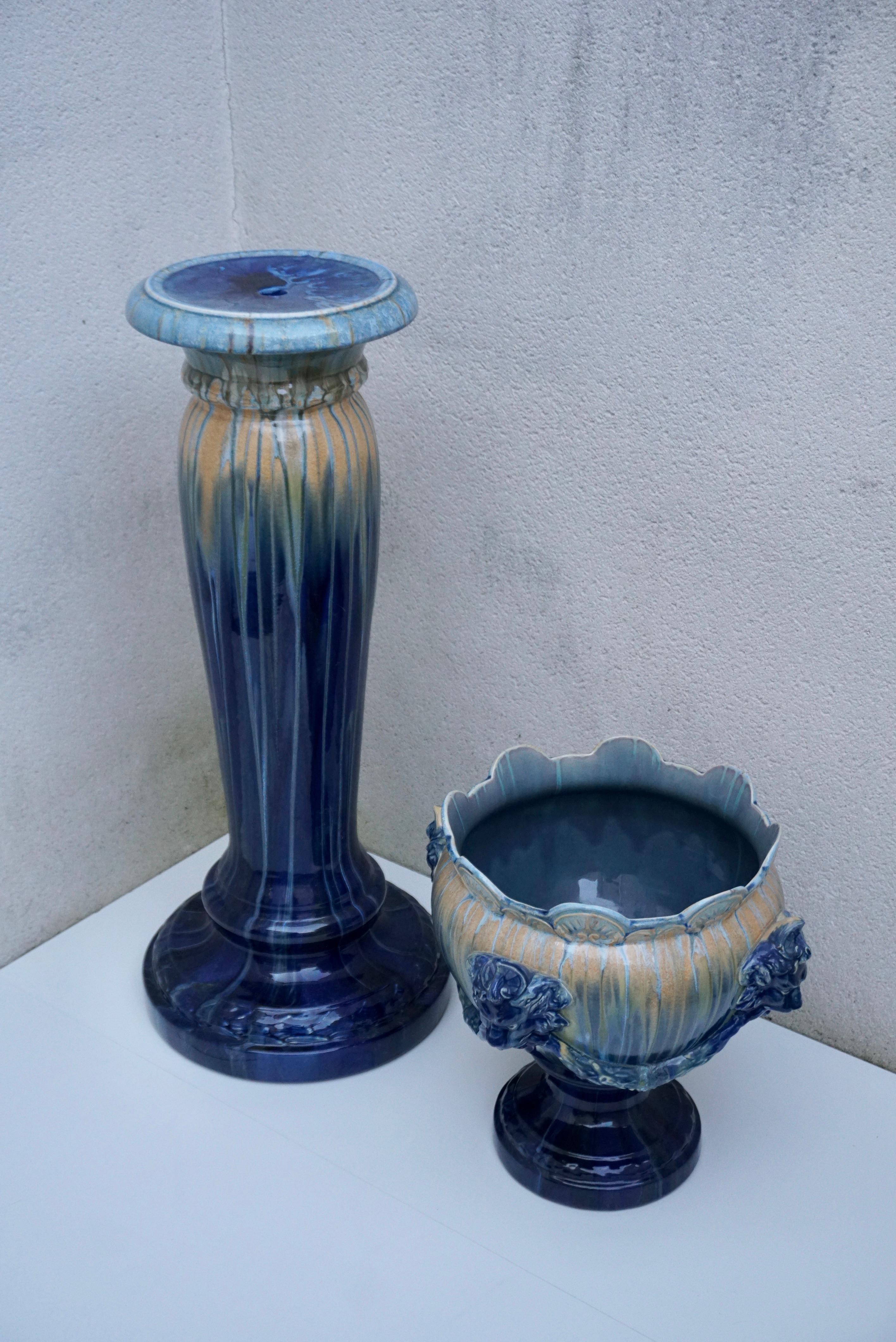 20th Century A Jardiniere on Column with Lion Head Decor in Flemish Earthenware Style For Sale