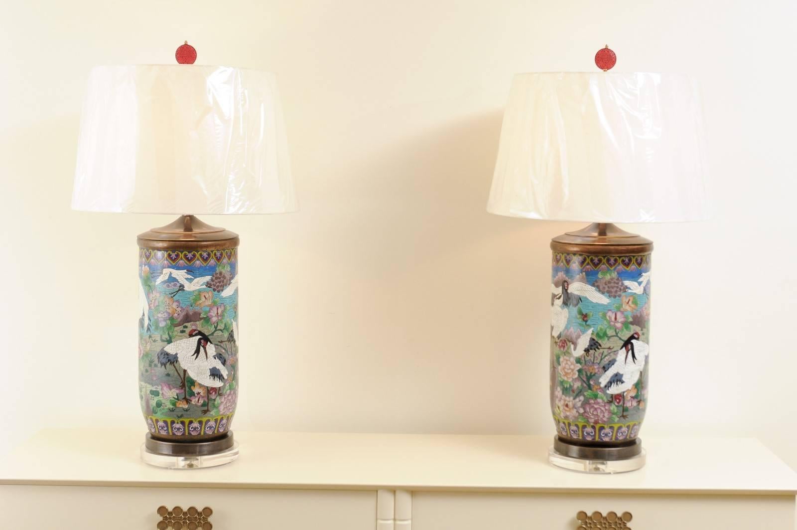 These magnificent lamps are shipped as photographed and described in the narrative. They are custom built using materials of the highest quality and are shipped complete with the new shades, harps and finials shown in the photos.

A majestic pair of