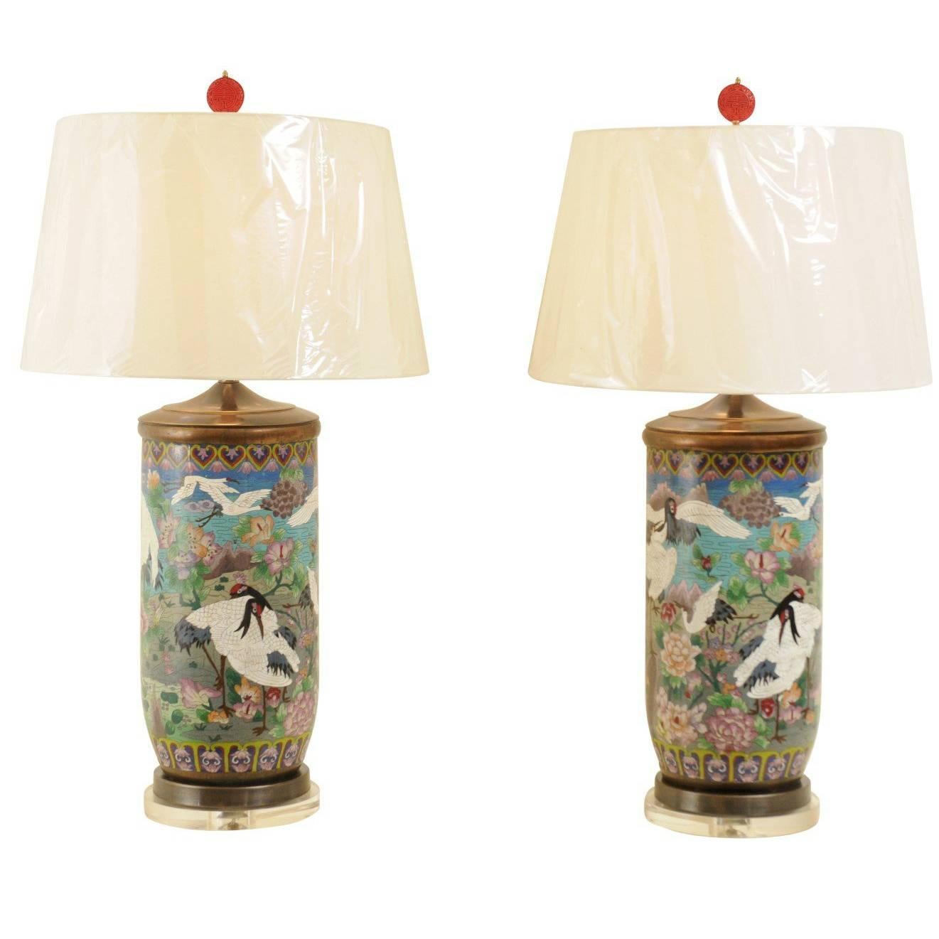  Jaw-Dropping Pair of Cloisonne Vessels as Custom Lamps For Sale