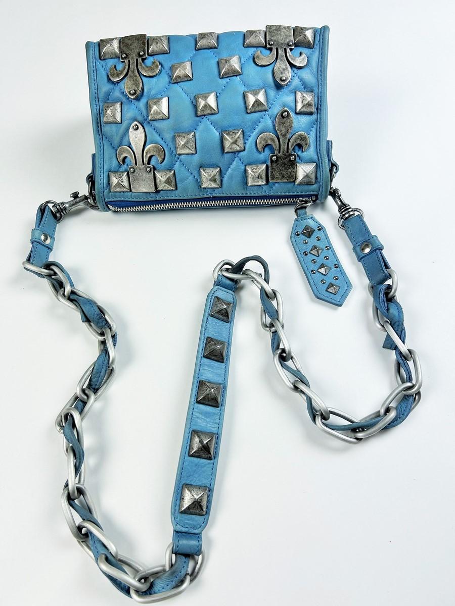 A Jean-Charles de Castelbajac Blue Studded Leather Humorous Bag Circa 1995 In Good Condition For Sale In Toulon, FR