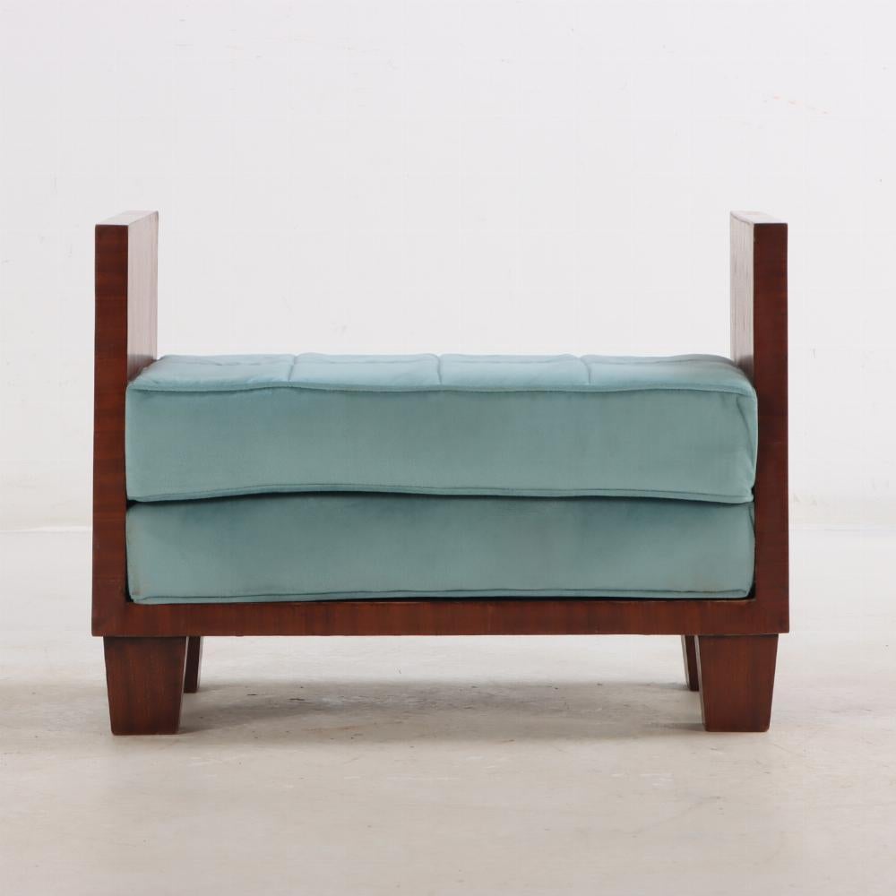 A Jean-Michel Frank style straw marquetry upholstered bench. The stool / bench with high square sides flanking an upholstered cushion.