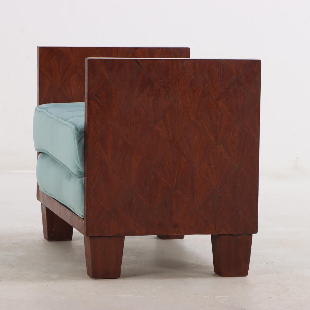 Art Deco A Jean-Michel Frank style straw marquetry upholstered bench. For Sale