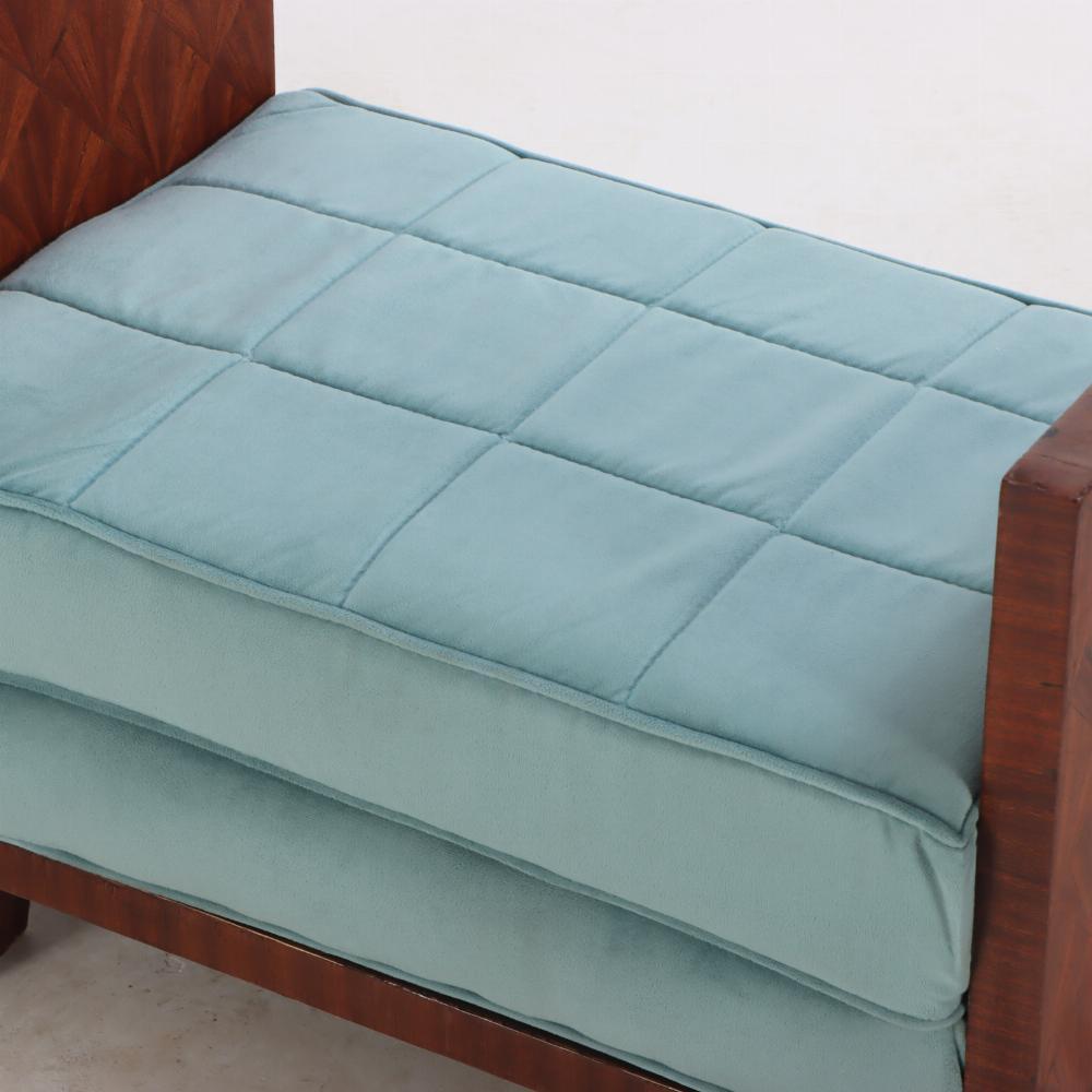Argentine A Jean-Michel Frank style straw marquetry upholstered bench. For Sale