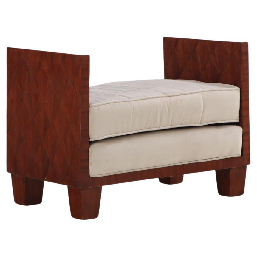 A Jean-Michel Frank style straw marquetry upholstered bench.
