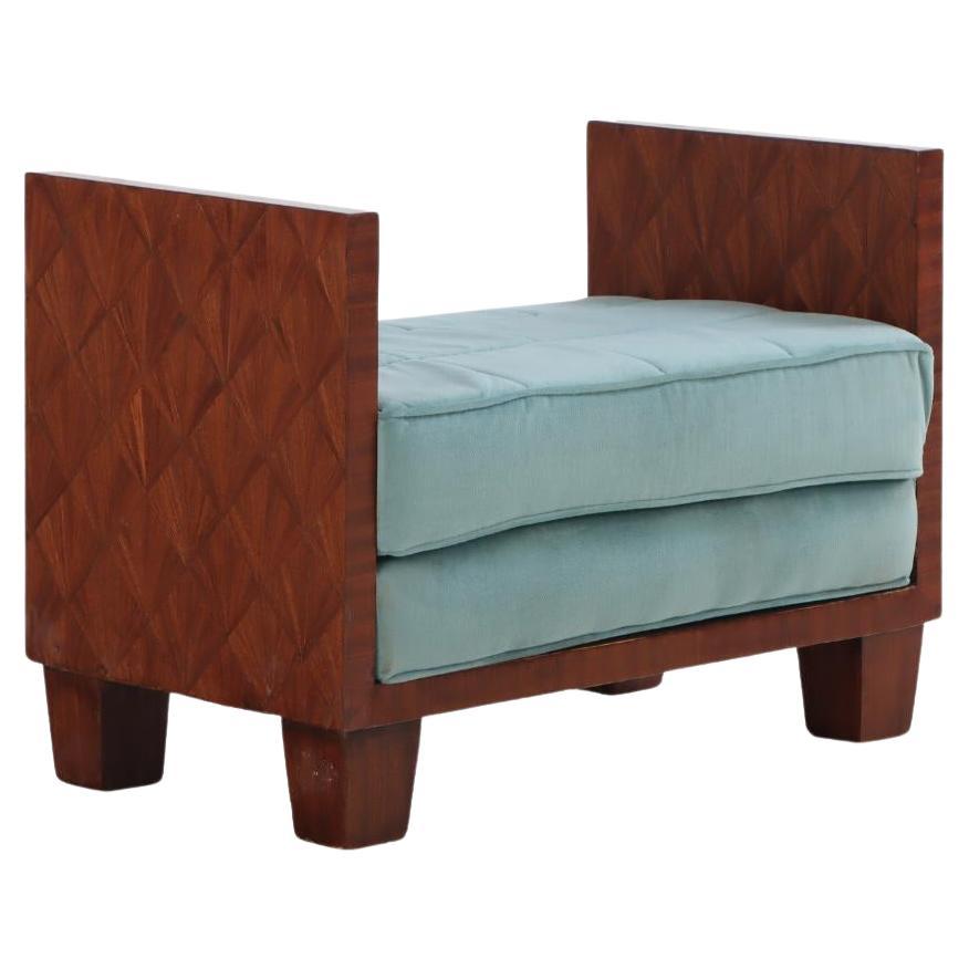 A Jean-Michel Frank style straw marquetry upholstered bench.