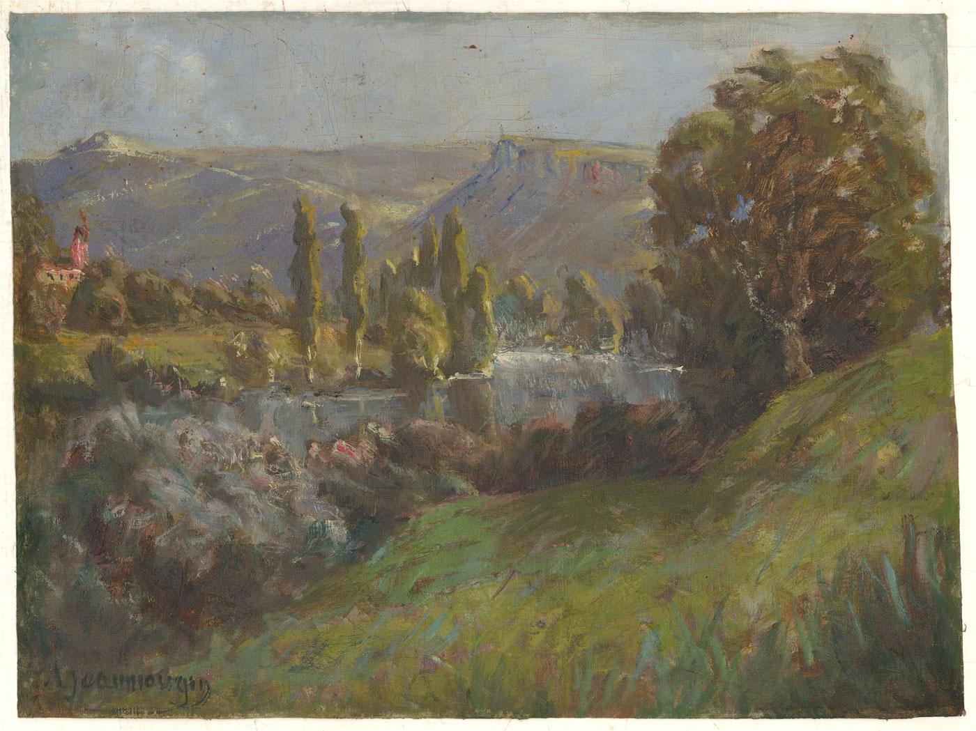 An impressionistic French landscape depicting a river flowing through hills. Signed to the lower-left edge. On canvas.
