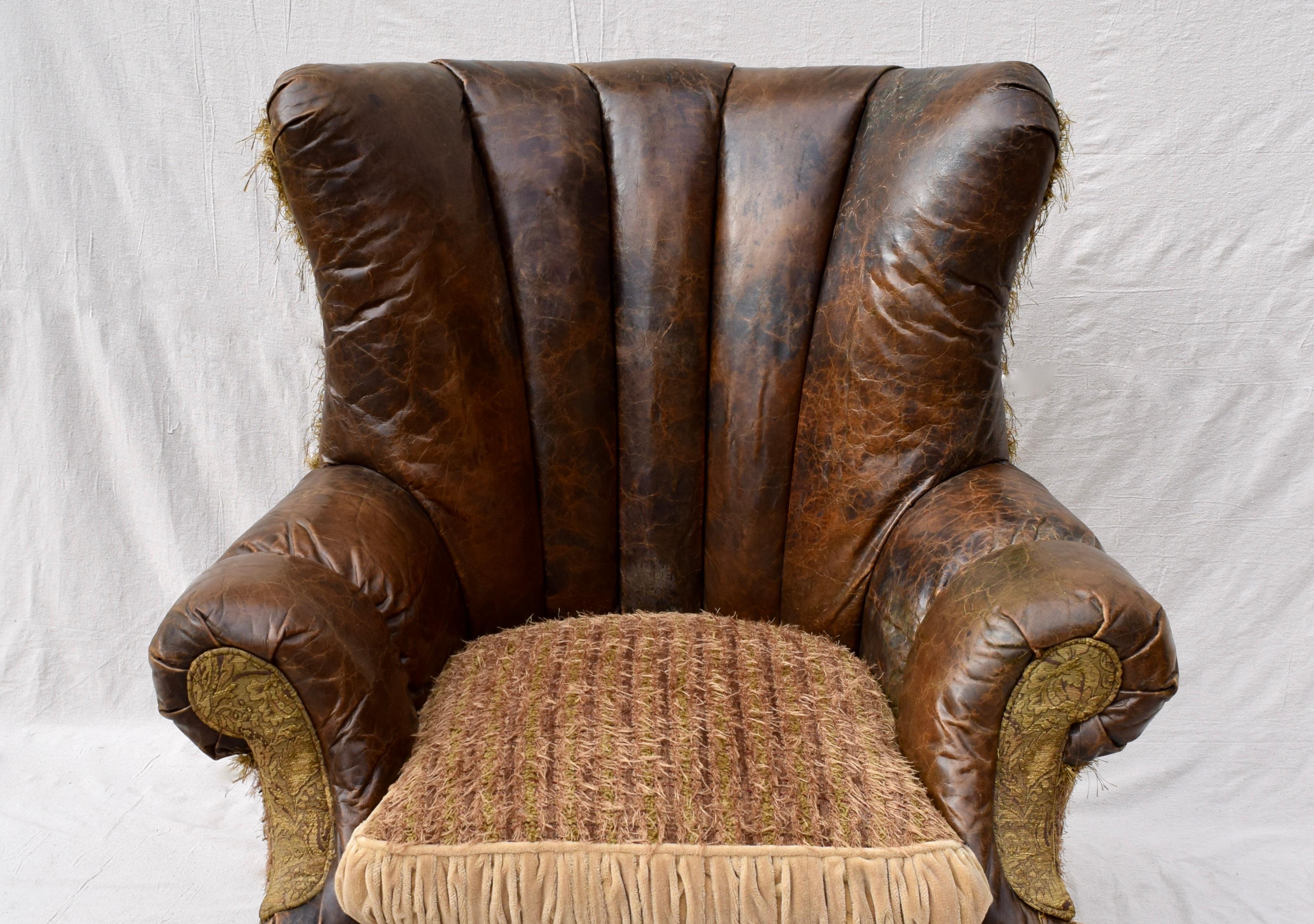 Brass Jeff Zimmerman Wingback Leather Chair and Matching Ottoman