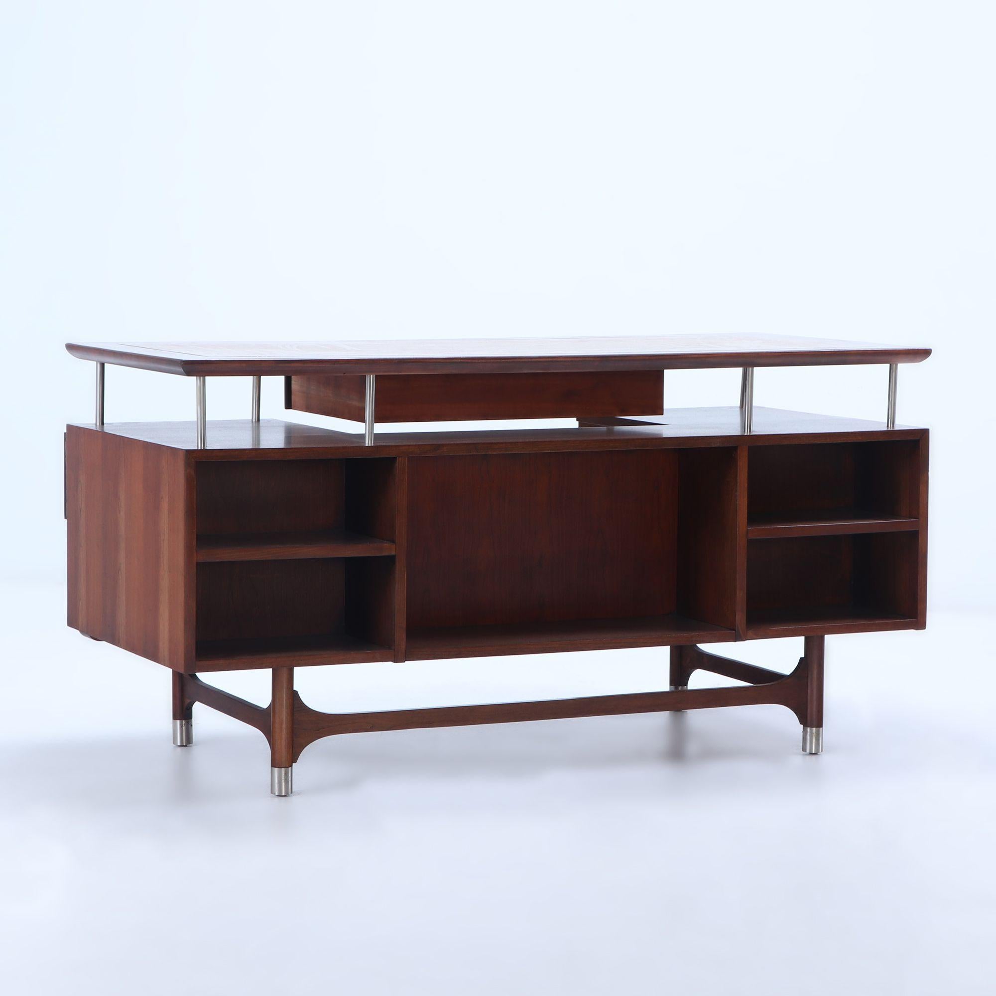Chrome A Jens Risom mid century modern, double pedestal executive desk in cherry wood