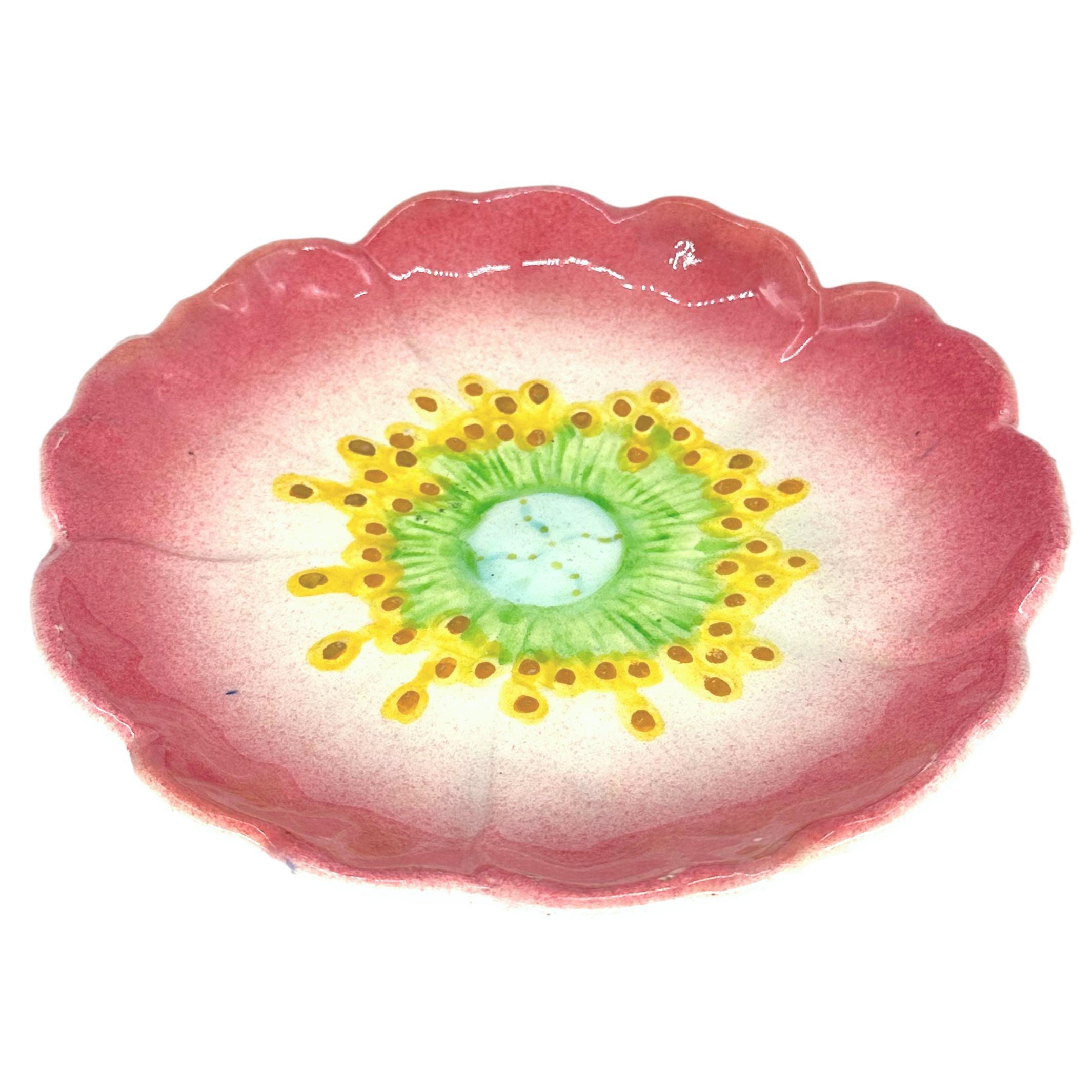 Victorian Jerome Massier Majolica Trompe L' Oeil Pink Flower Plate, French, circa 1880