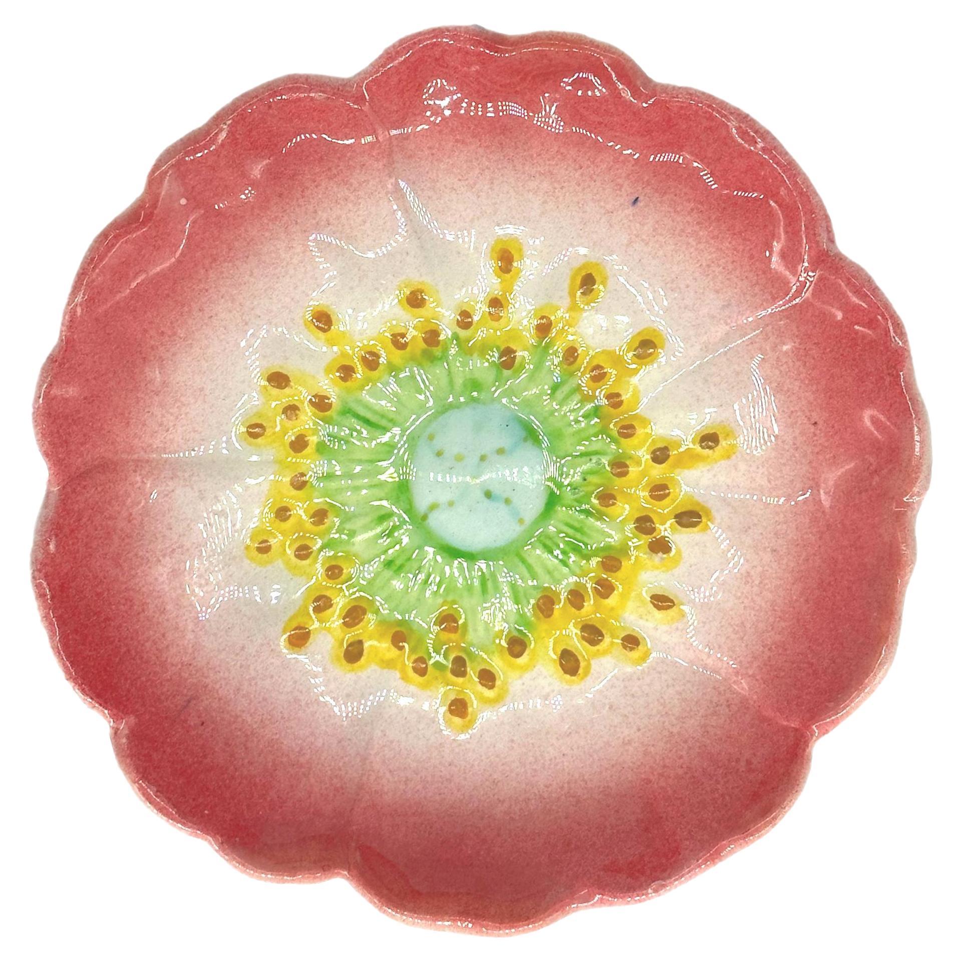 Jerome Massier Majolica Trompe L' Oeil Pink Flower Plate, French, circa 1880