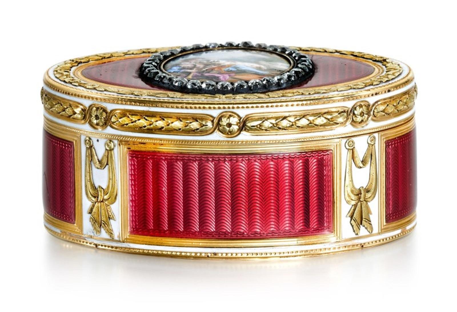 A jewelled two-colour gold and enamel snuff box, Charles Le Bastier

Paris, 1775, and later

oval, the lid later applied with an oval enamel plaque, representing a young shepherd embracing one of his flock, within a rose-cut diamond frame, the