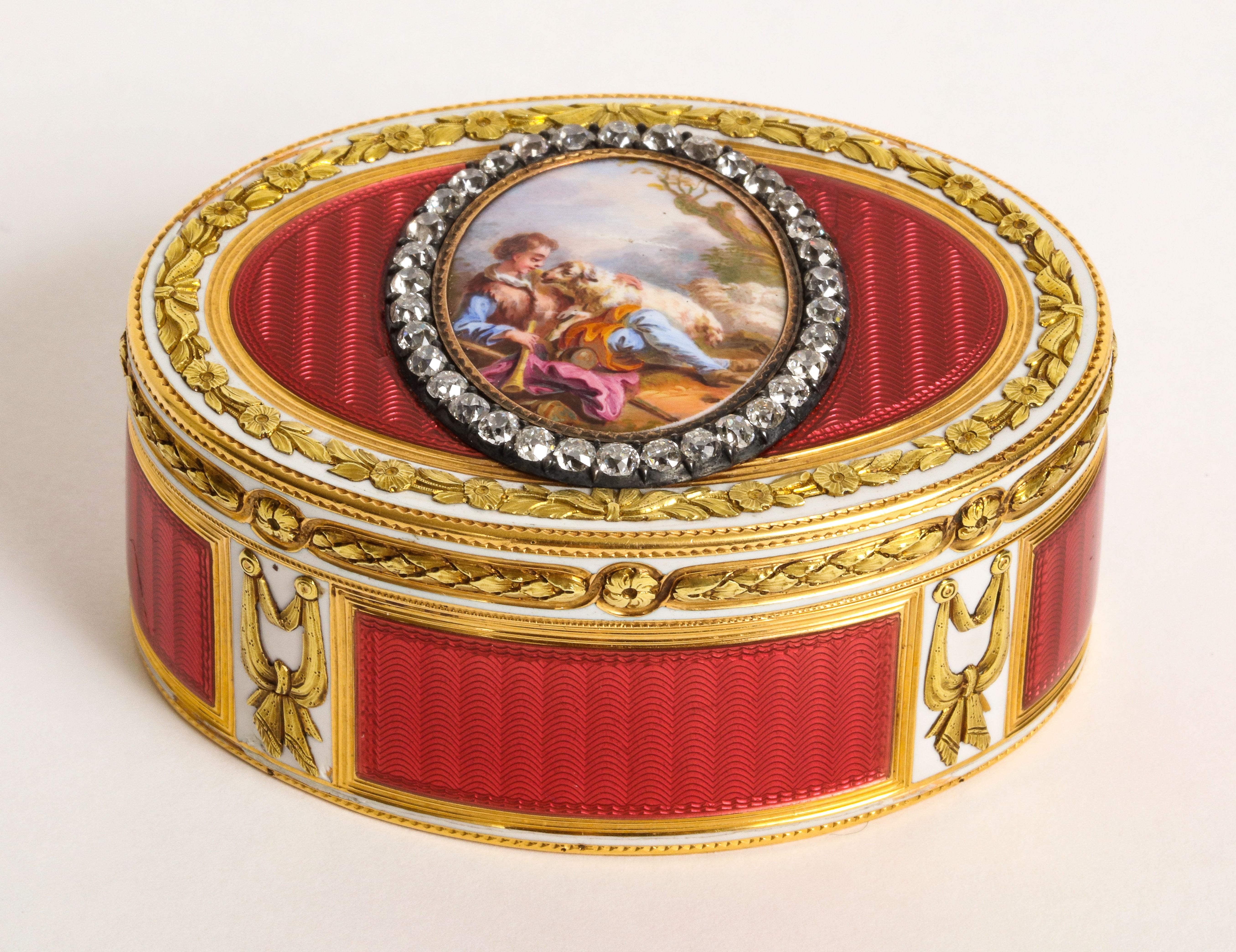French Jewelled Two-Colour Gold and Enamel Snuff Box, Charles Le Bastier, Paris, 1775