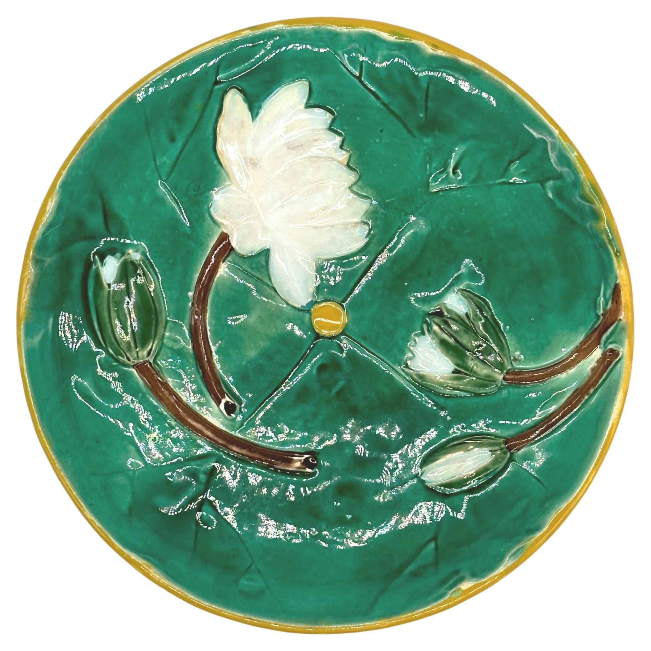 Joesph Holdcroft Majolica Pond Lily Plate, Signed, English, circa 1875 For Sale