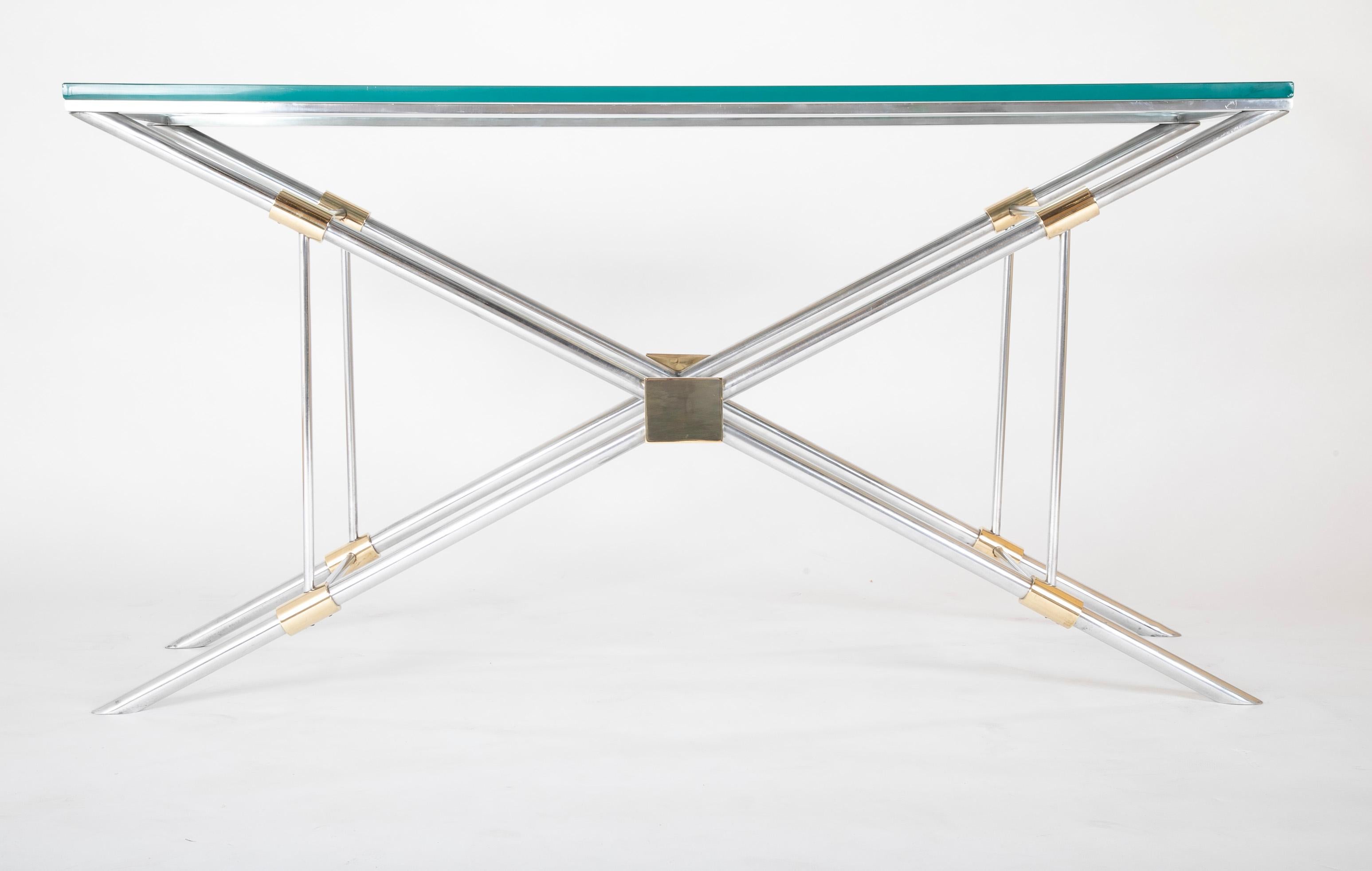 Mid-Century Modern John Vesey Console Table of Aluminium, Glass and Brass For Sale