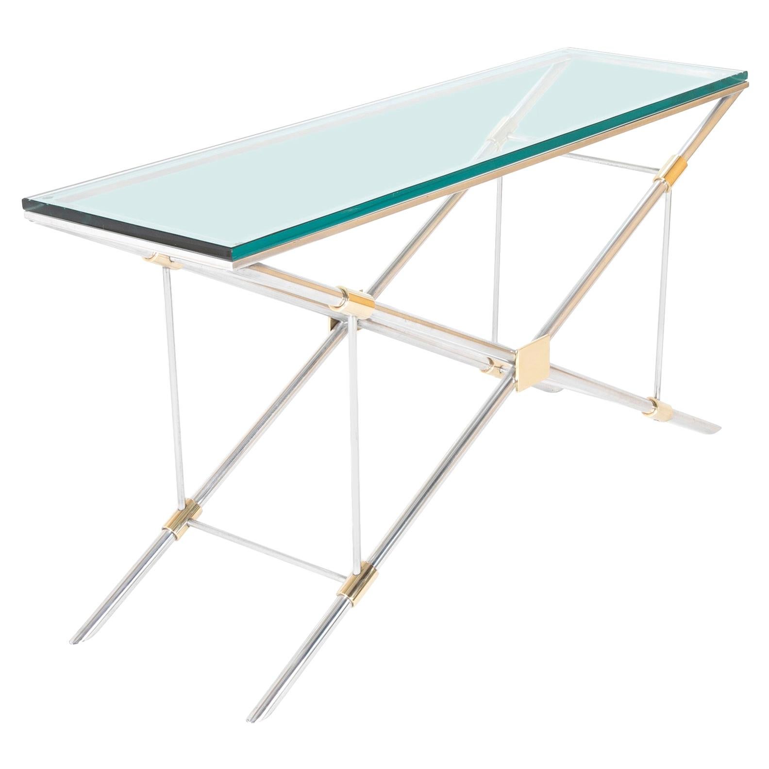 Table console John Vesey en aluminium, verre et laiton en vente