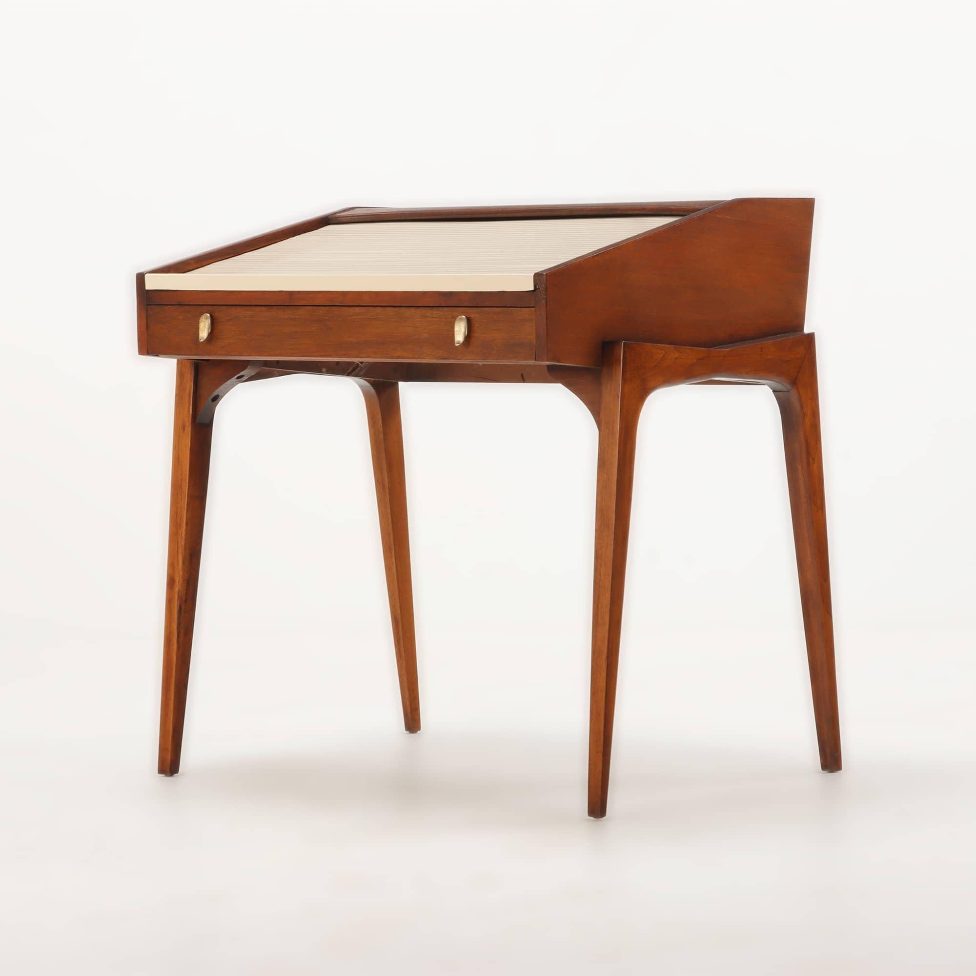 A John Von Koert for Drexel mid century modern walnut tambour Profile Desk and matching chair. 