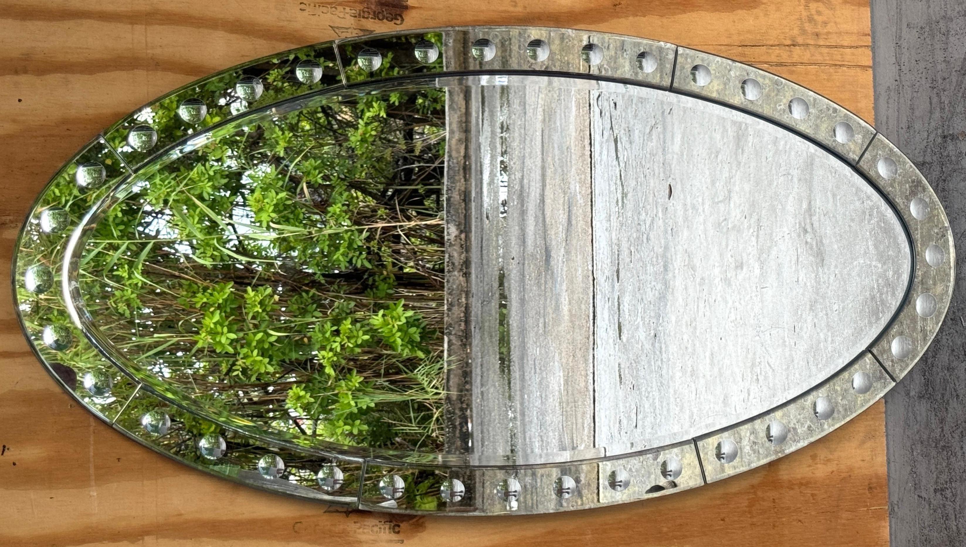 Contemporary A Jonathan Adler Venetian Style Optic Convex Etched and Beveled Oval Mirror For Sale