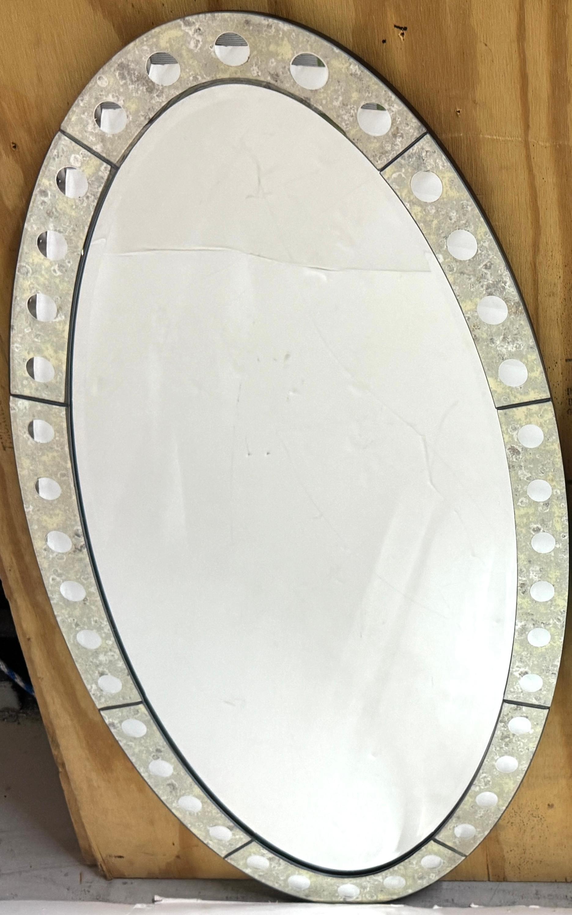 A Jonathan Adler Venetian Style Optic Convex Etched and Beveled Oval Mirror For Sale 3