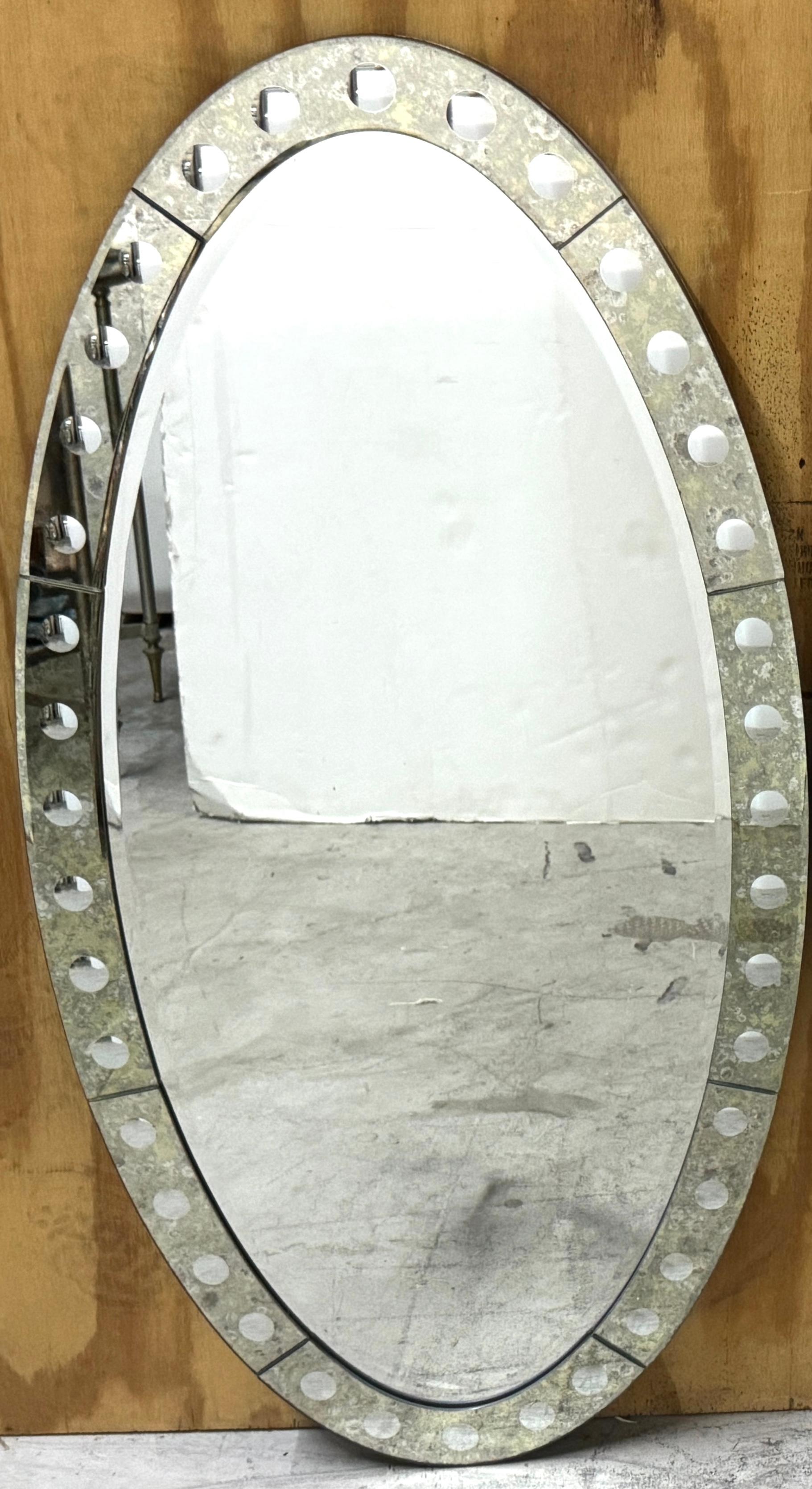 A Jonathan Adler Venetian Style Optic Convex Etched and Beveled Oval Mirror For Sale 4