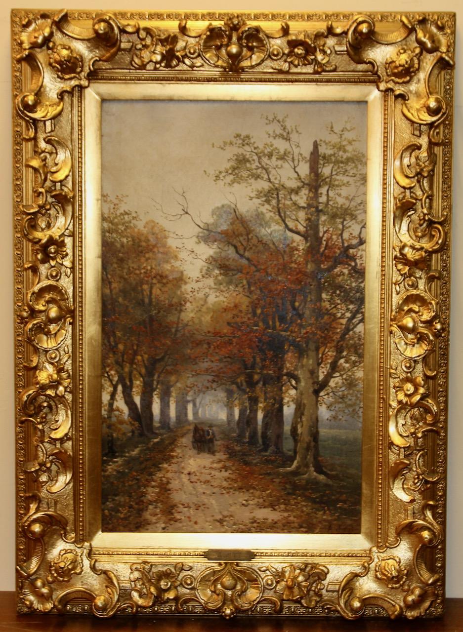 Peinture à l'huile ancienne de A. Just. Chemin de forêt d'automne.  en vente 1