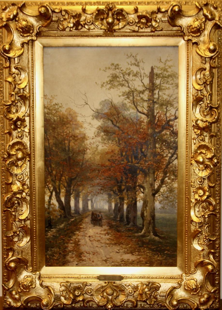 Peinture à l'huile ancienne de A. Just. Chemin de forêt d'automne.  en vente 2