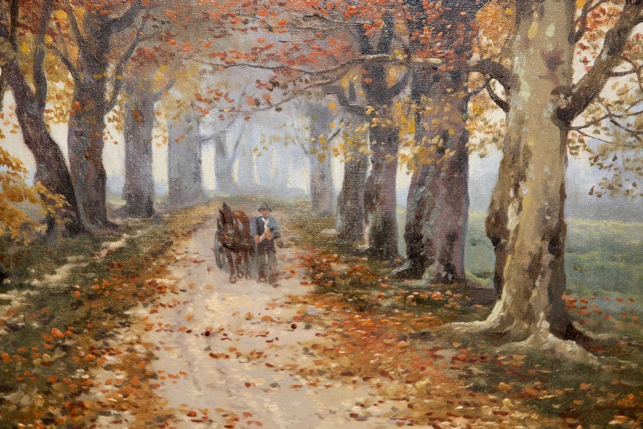 Peinture à l'huile ancienne de A. Just. Chemin de forêt d'automne.  en vente 4