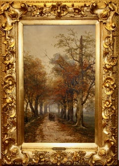 Peinture à l'huile ancienne de A. Just. Chemin de forêt d'automne. 