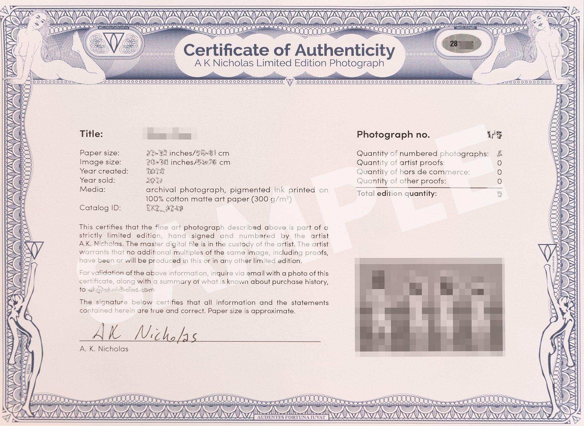 De una edición limitada de 5 fotografías de archivo  Firmado y numerado por el artista A. K. Nicholas  Imagen: 36Ã-24 pulgadas/91Ã-61 cm    A. K. Nicholas es una artista visual estadounidense que crea fotografías en una celebración sin complejos del