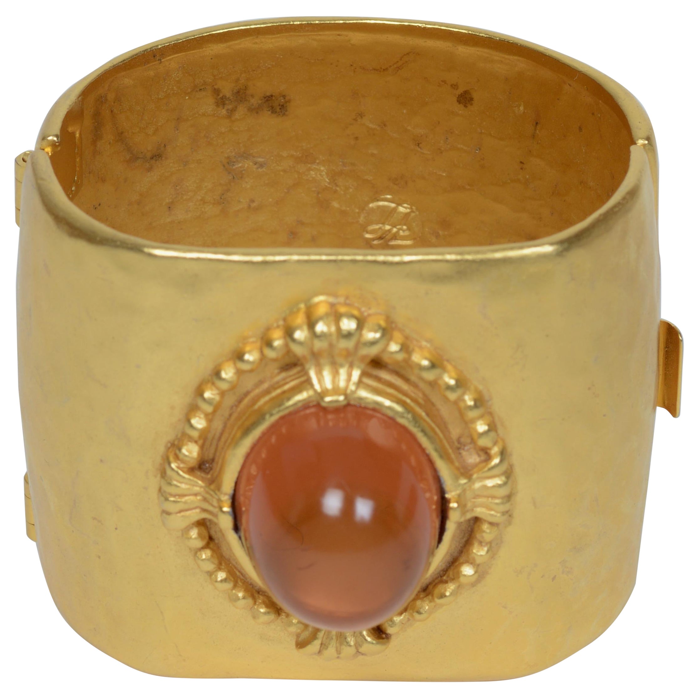 Pre-owned Karl Lagerfeld A Hammered Gilt Bracelet With Large Gripoix Amber Cabochon Jewel In Brown