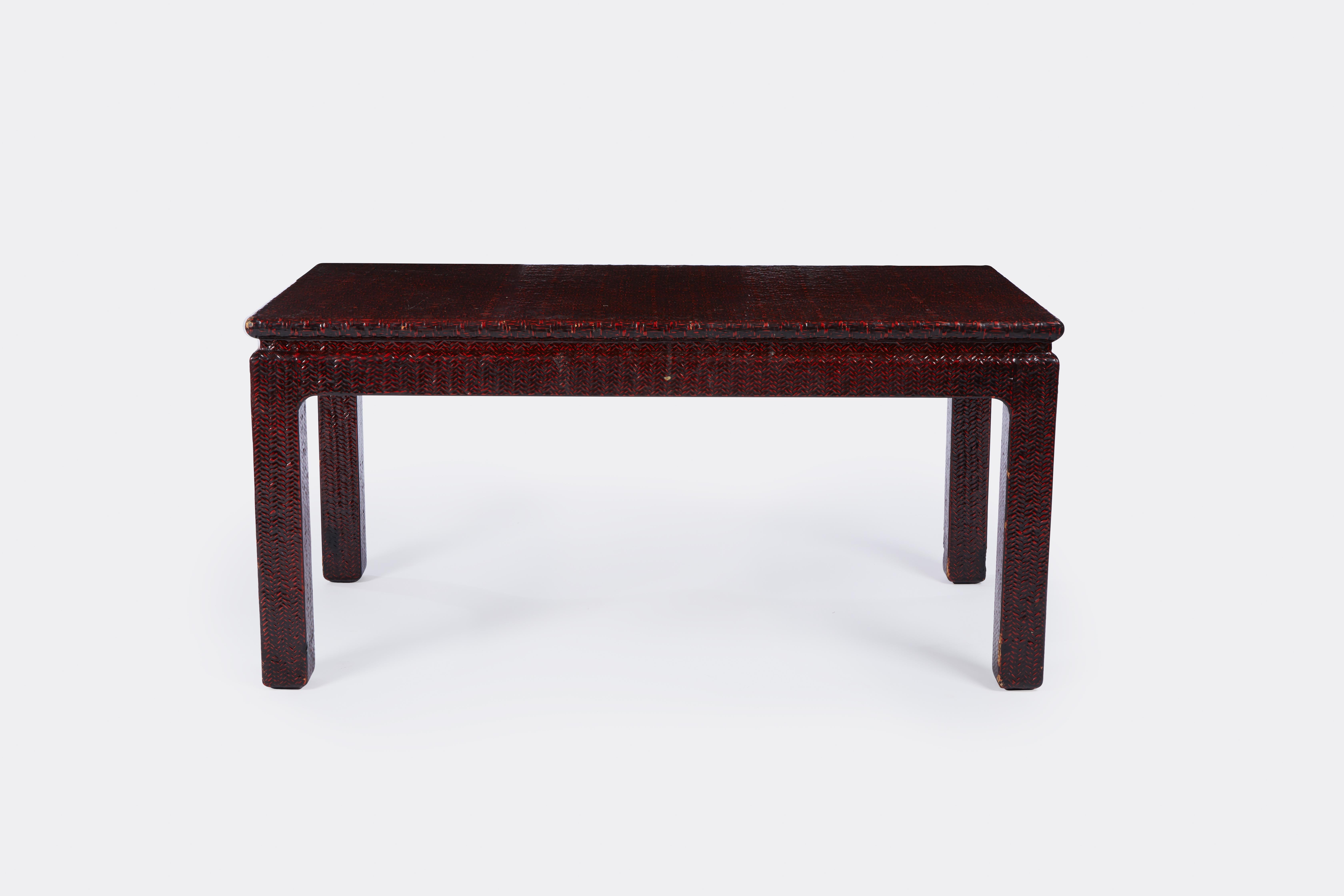 Late 20th Century A Karl Springer Style Red Raffia Lacquered Coffee Table For Sale