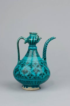 Kashan Black and Turquoise Pottery Ewer with Moulded Cockerel Head, Iran