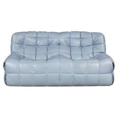 A "Kashima" Pale Blue Leather Sofa By Michel Ducaroy For Ligne Roset, France