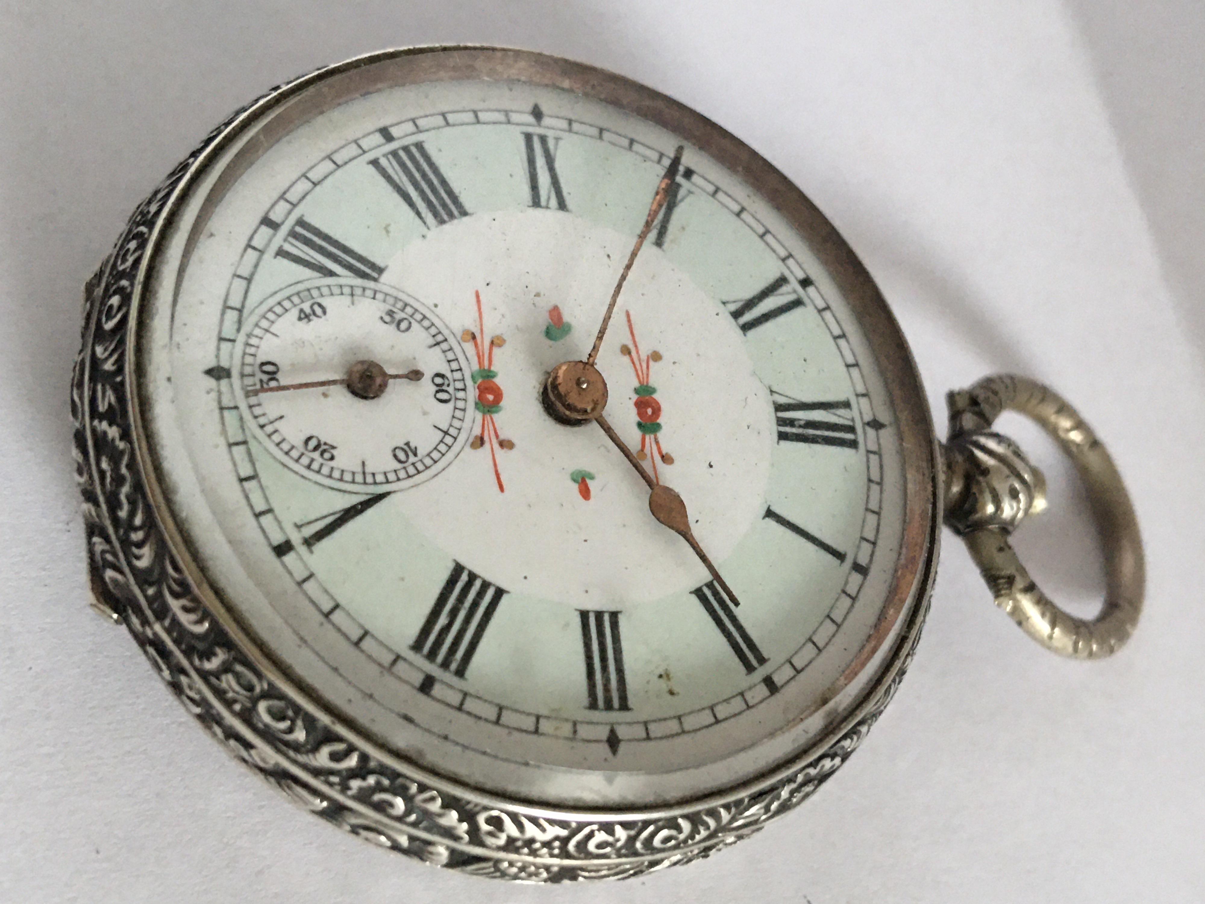Key-Wind Victorian Period Silver Pocket Watch with Mint Green Enamel Dial For Sale 5