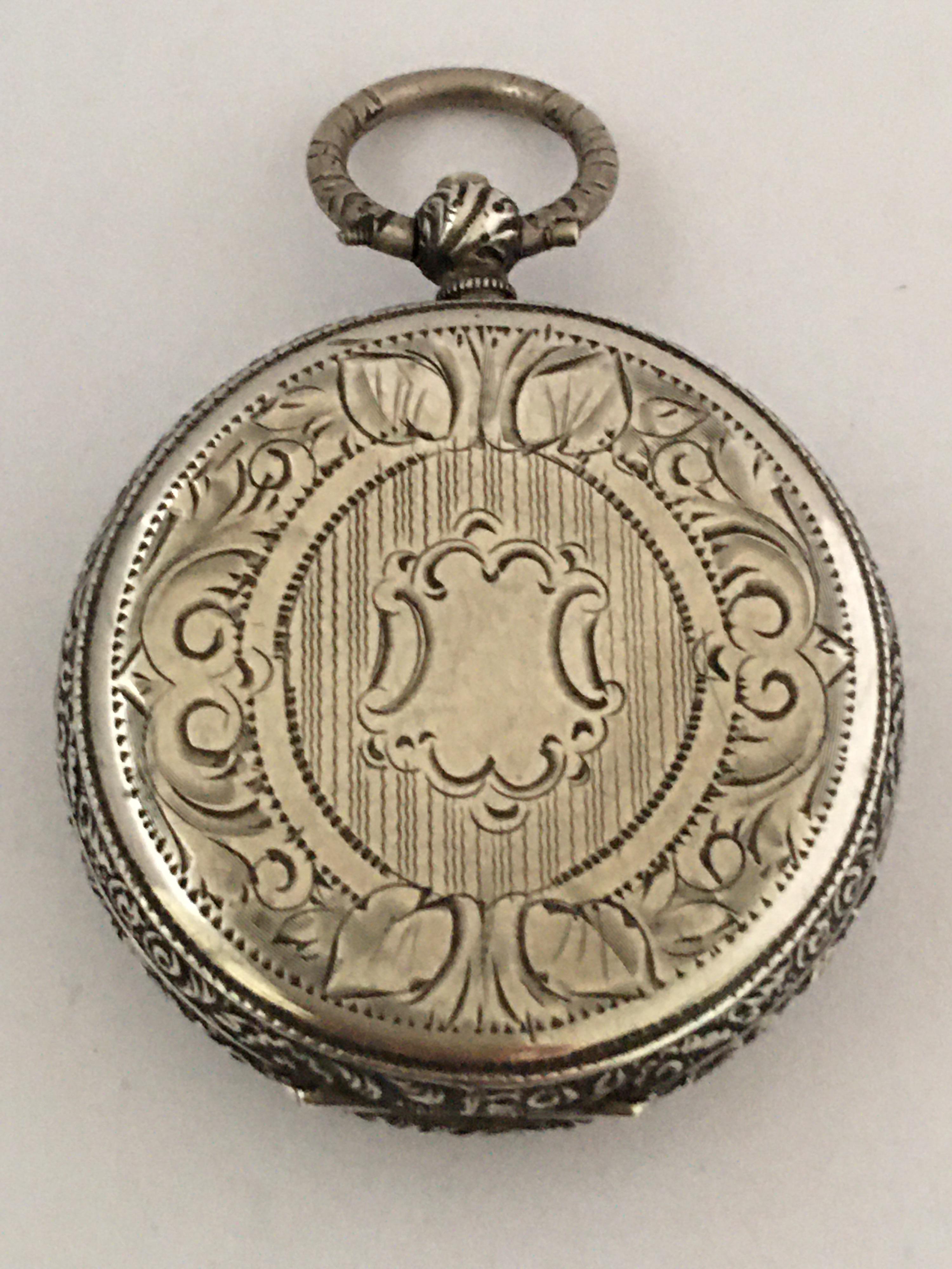 This beautiful full engraved silver case pocket watch is working and It is ticking well, however due to its age, I cannot guarantee the time accuracy ( its 8 minutes fast a day) which is normal for an antique watch with this age.

It comes with a