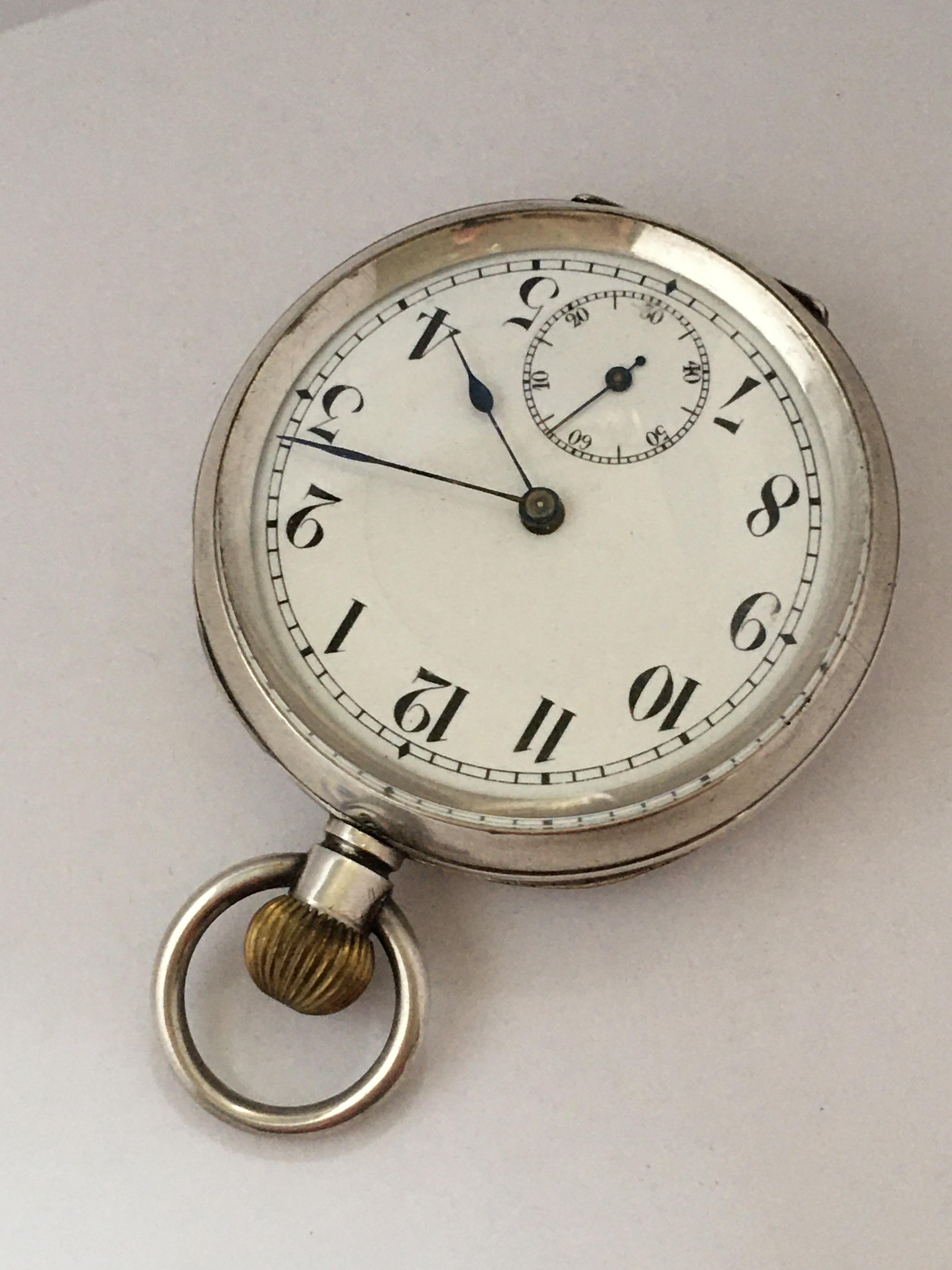 This beautiful antique silver pocket watch is in good working condition and it is running well. Visible tiny scratches and tiny dents on the back case as shown. 

Please study the images carefully as form part of the description.