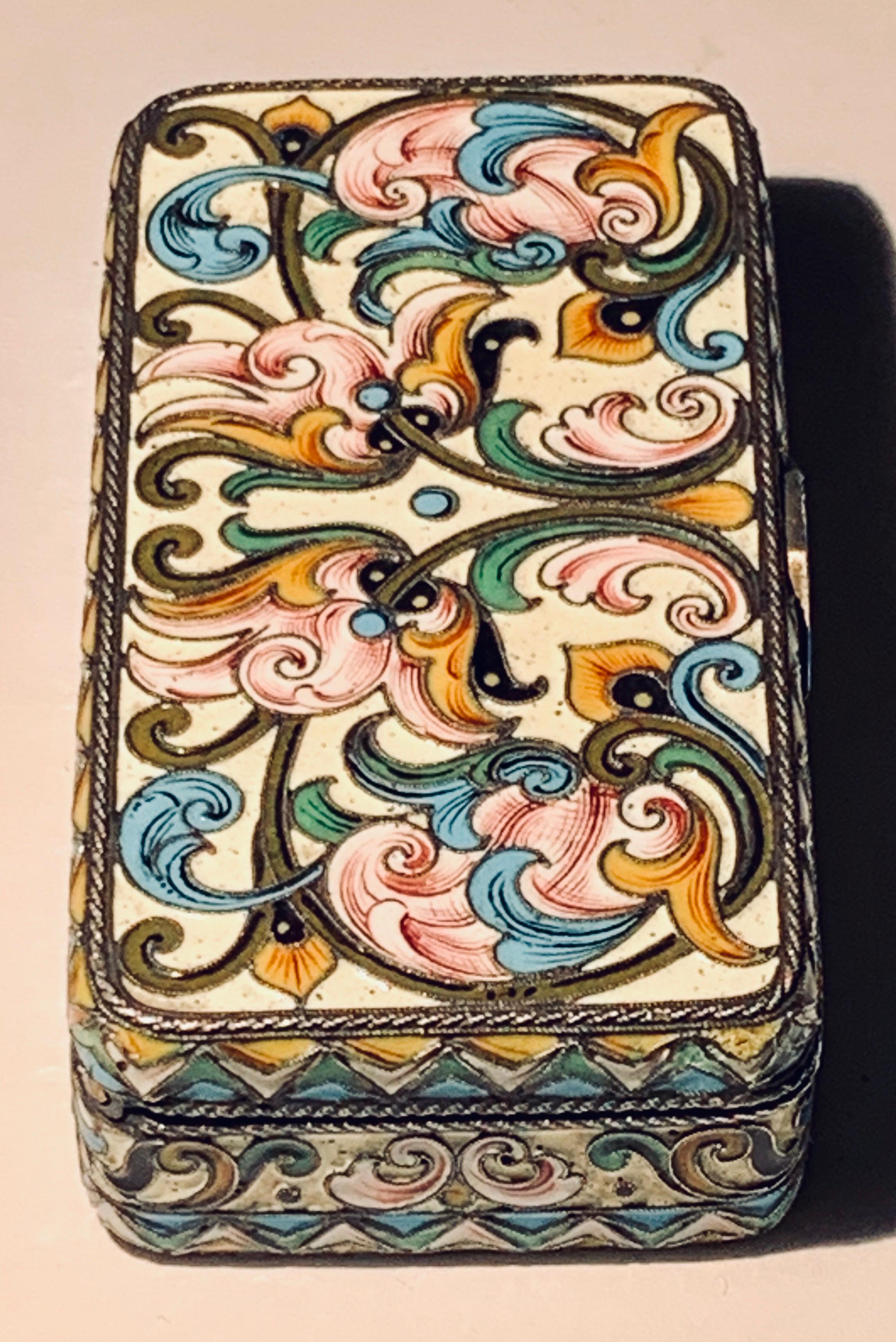 A silver-gilt and shaded enamel case, Khlebnikov, Moscow, before 1899 the rectangular hinged box with scrolling varicoloured foliage on a Cream groun,
The quality of the Silver is 84 standard.
The length: 8.3cm Wide by 4 cm Depth by 2 cm High.
The